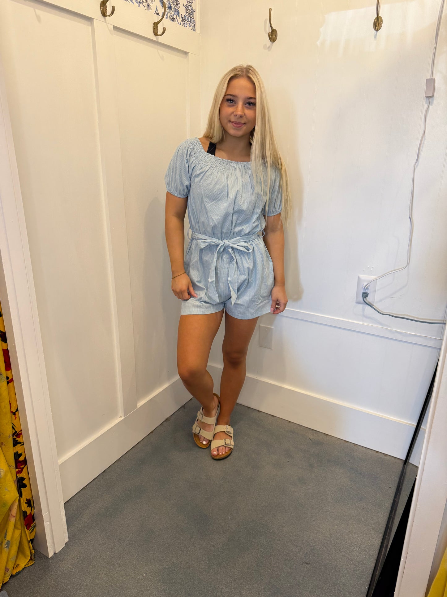 Denim Pin-striped Off Shoulder Romper