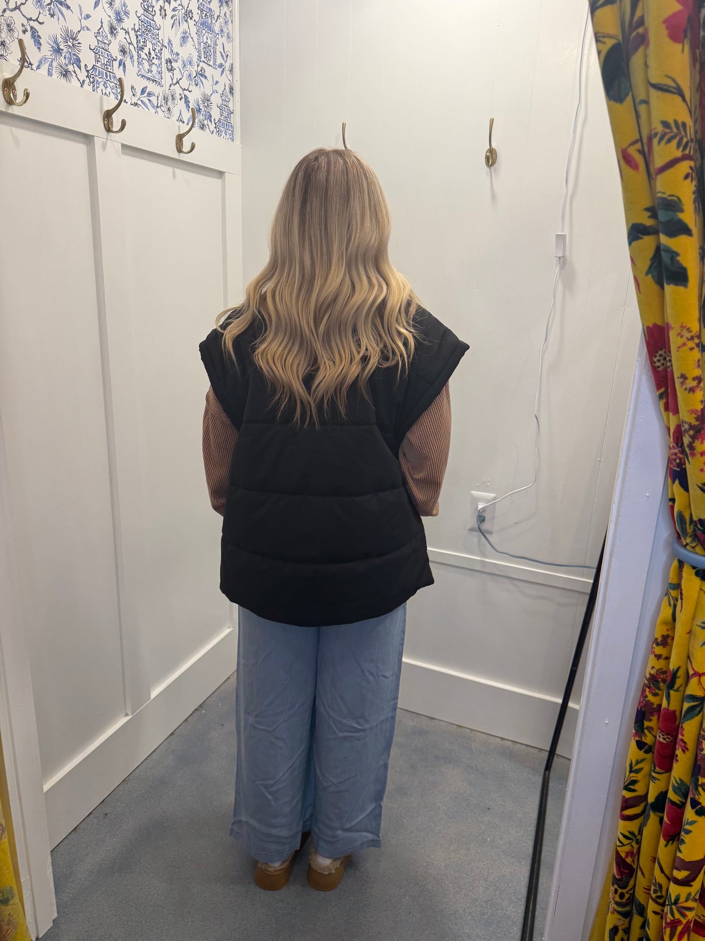 Solid/Floral Print Zipper Stand Neck Oversized Puffer Vest