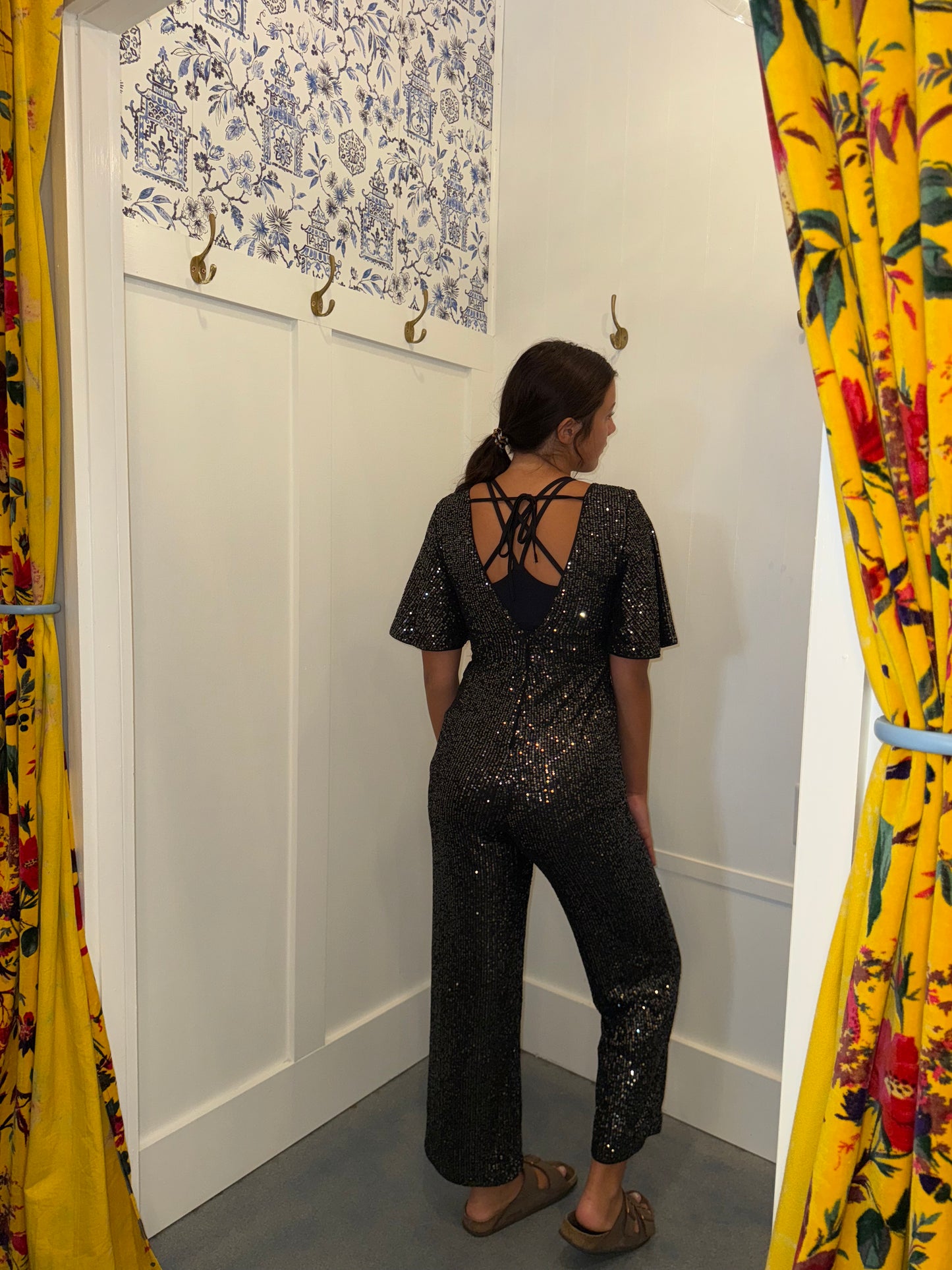 Sequin V Neck Flutter Sleeve Wide Leg Jumpsuit