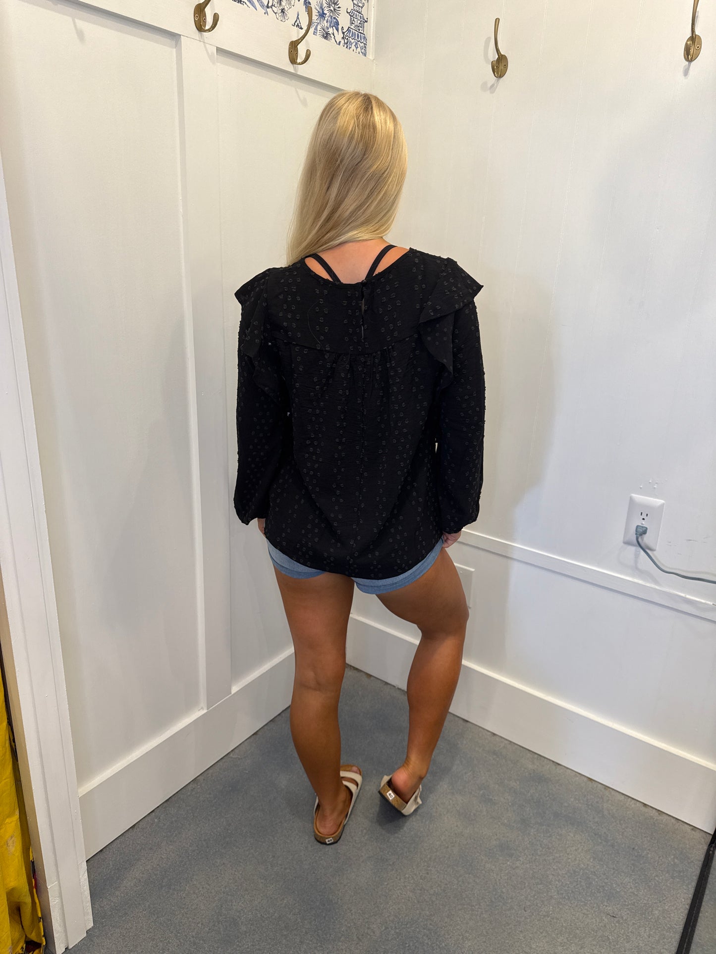 Lace Eyelet Ruffle Shoulder Long Sleeve Blouse