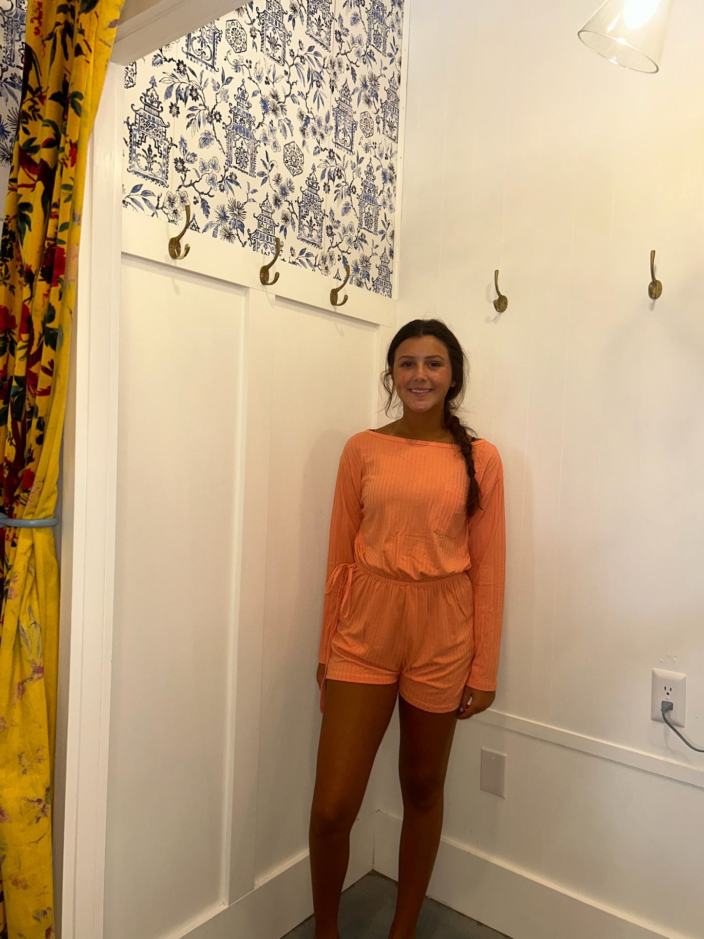 Ribbed Drawstring Waist Long Sleeve Romper