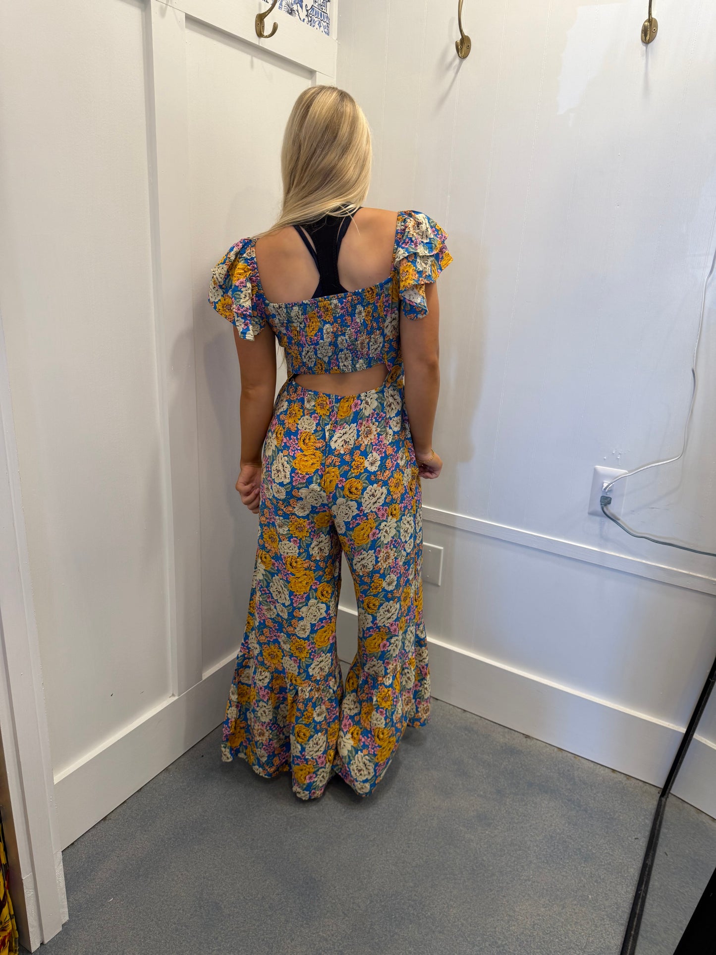 Floral Allover Print Shirred Cut Out High Waist Jumpsuit