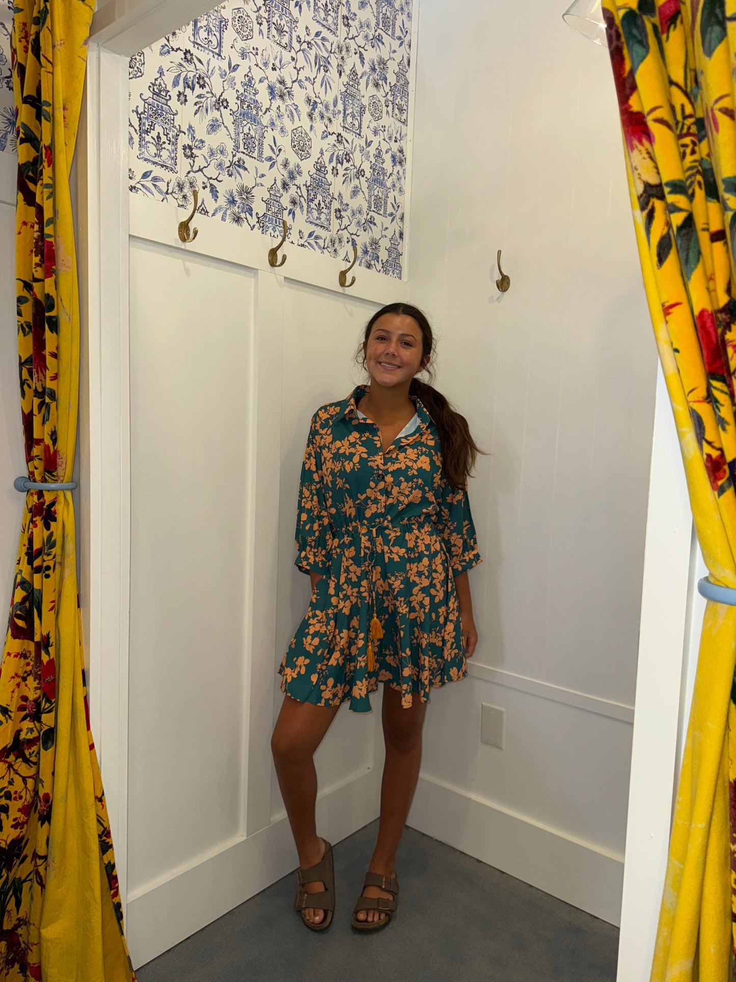 Floral Print Drawstring Tunic Flowy Short Dress