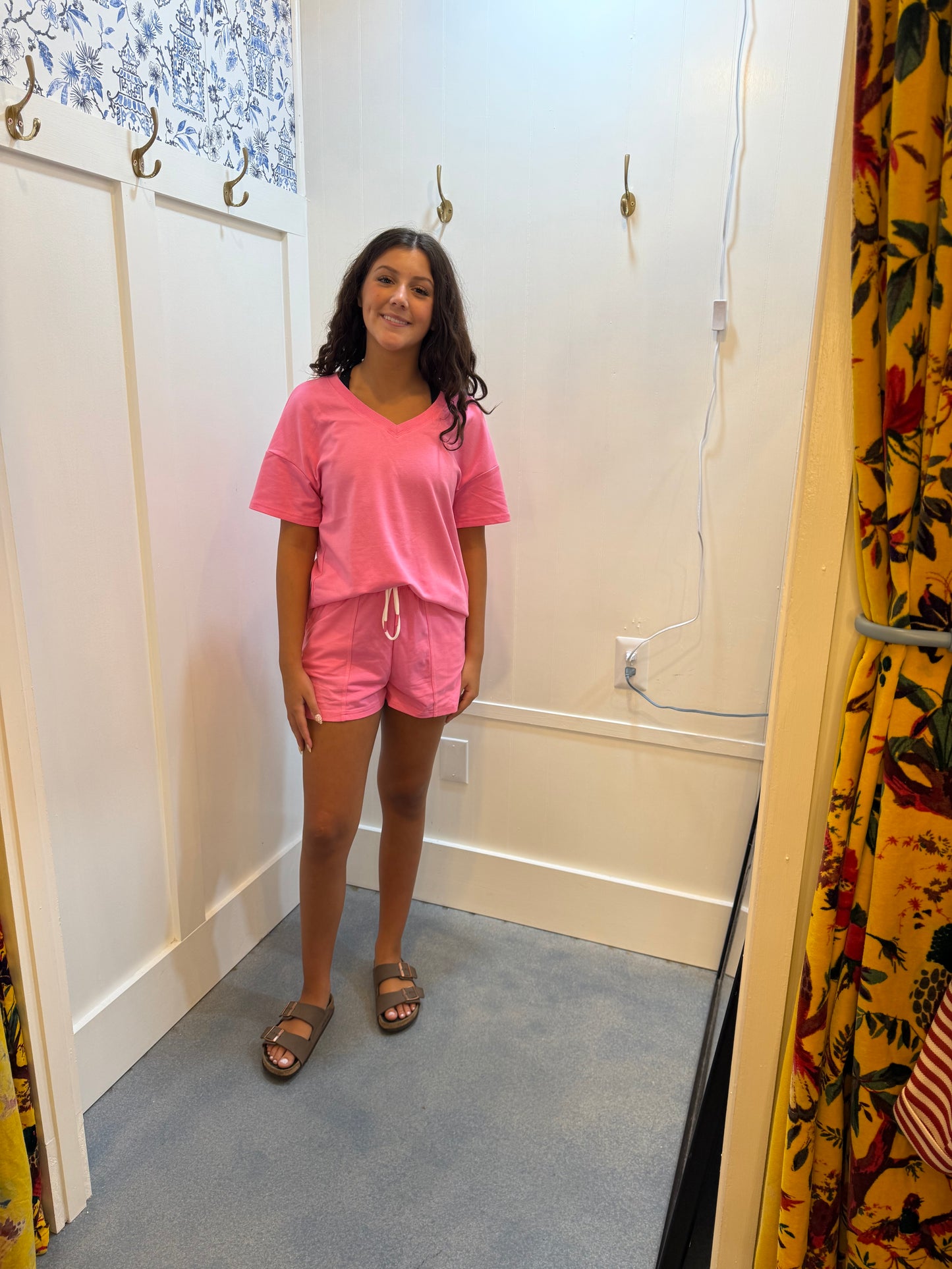 V Neck Drop Shoulder Tee and Patchwork Drawstring Shorts Set (Sold as Separates)