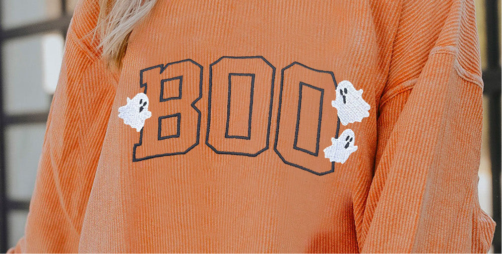 Embroidered BOO Ghost Corded Halloween Sweatshirt