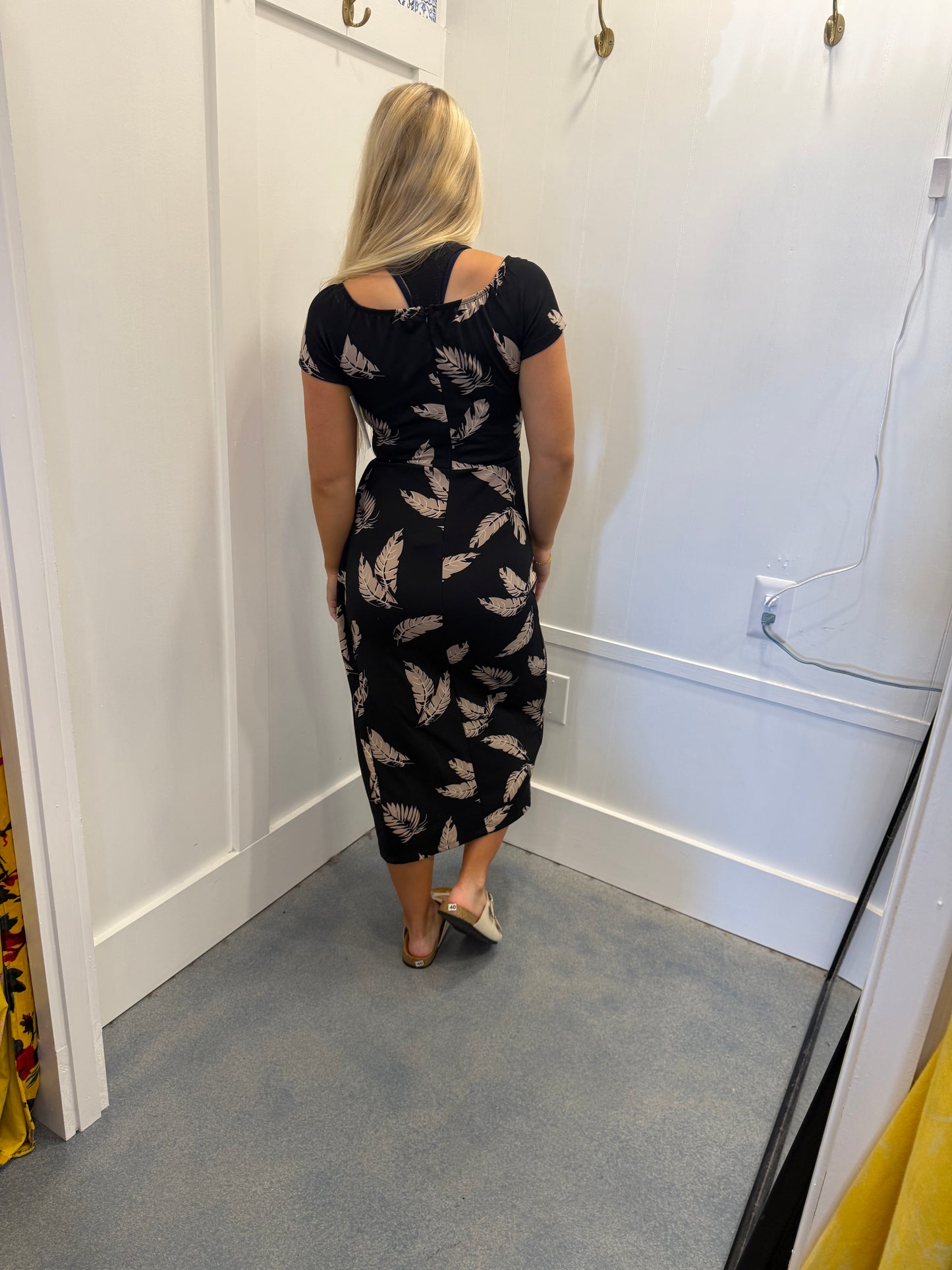 Pattern Print Off Shoulder Slit Bodycon Midi Dress