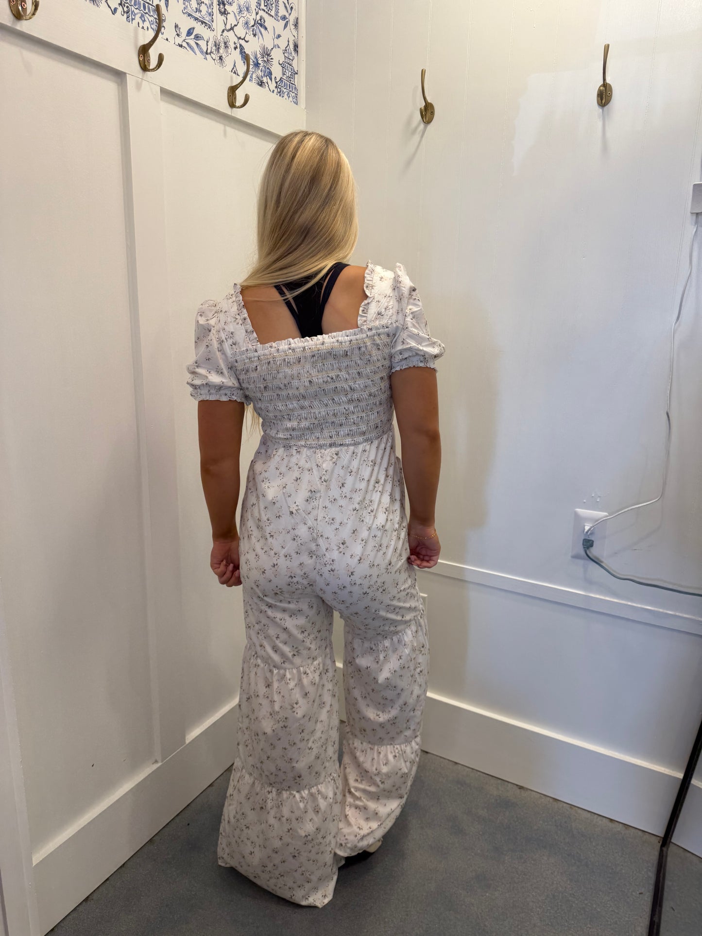 Boho Floral Smocked Wide Leg Short Puff Sleeve Jumpsuit