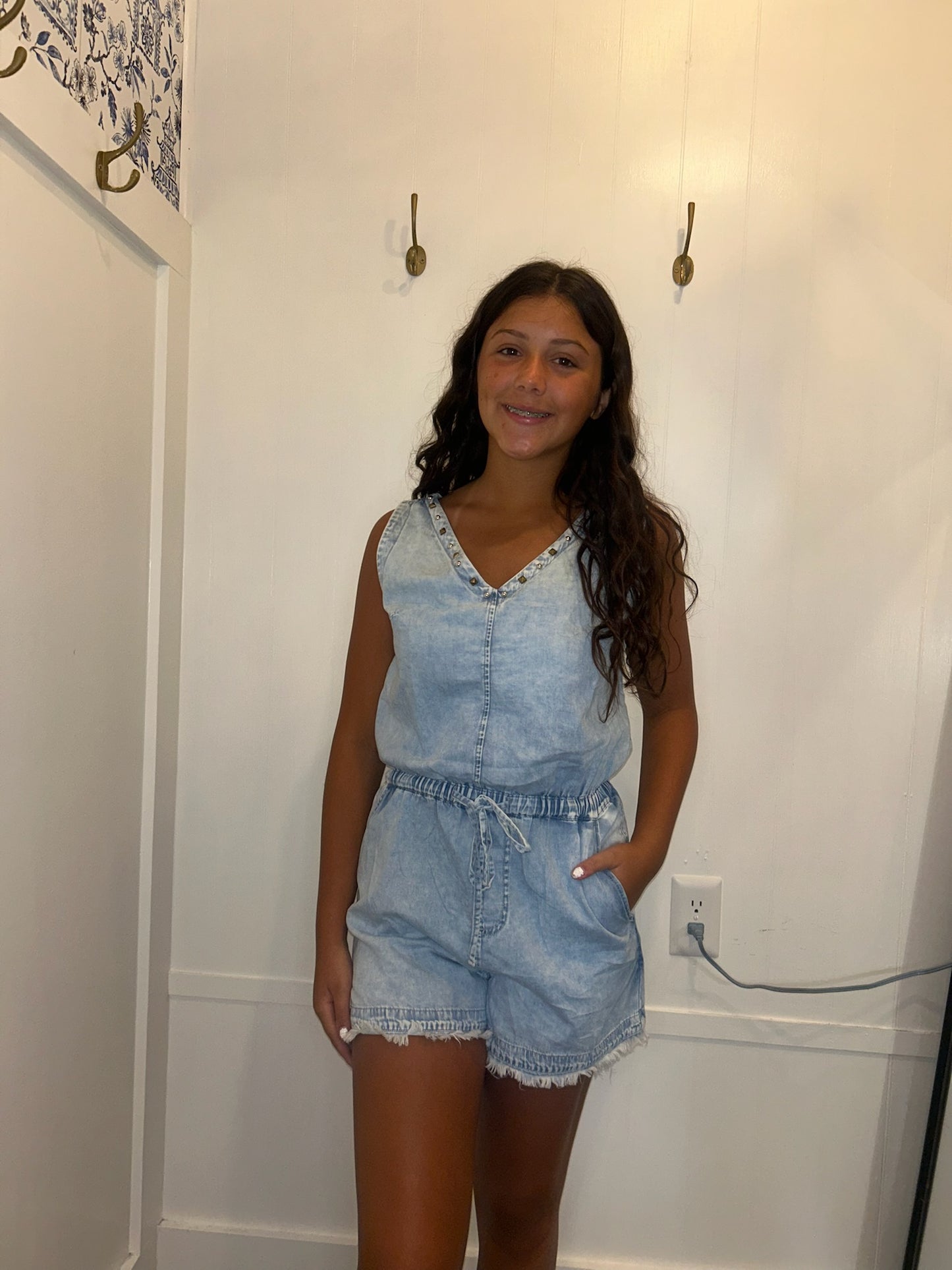 Studded V Neck Raw Hem Sleeveless Denim Romper