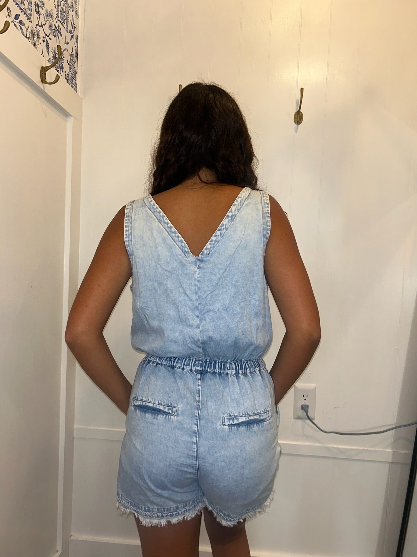 Studded V Neck Raw Hem Sleeveless Denim Romper