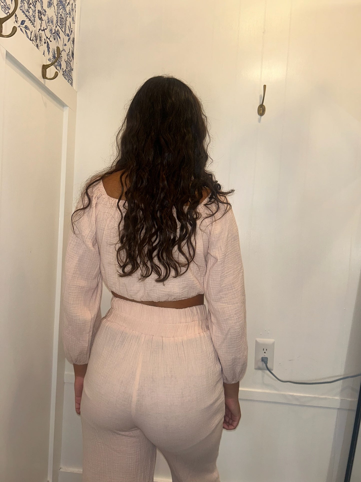 Long Puff Sleeve High Waist Crinkle Two Piece Set
