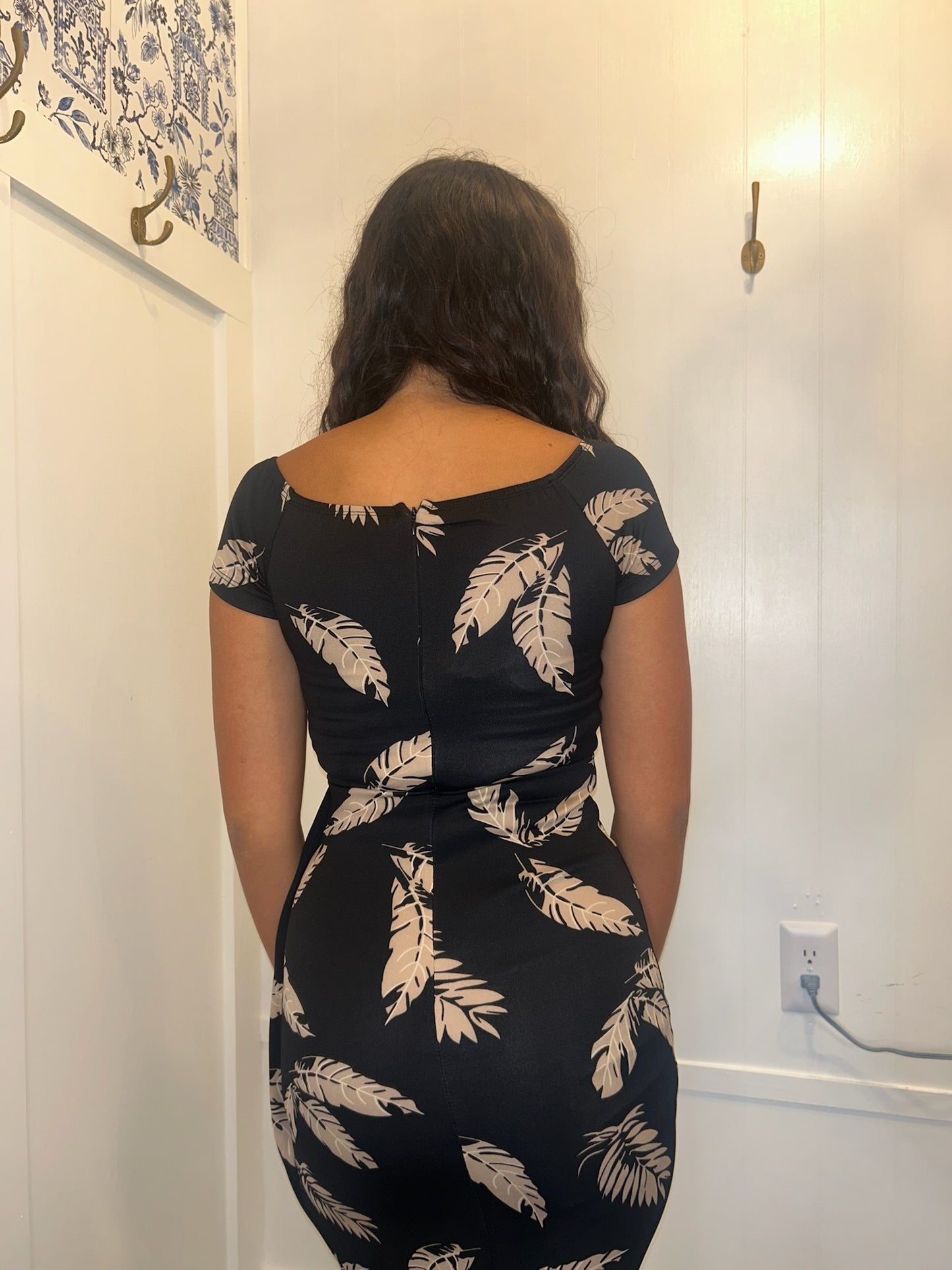 Pattern Print Off Shoulder Slit Bodycon Midi Dress