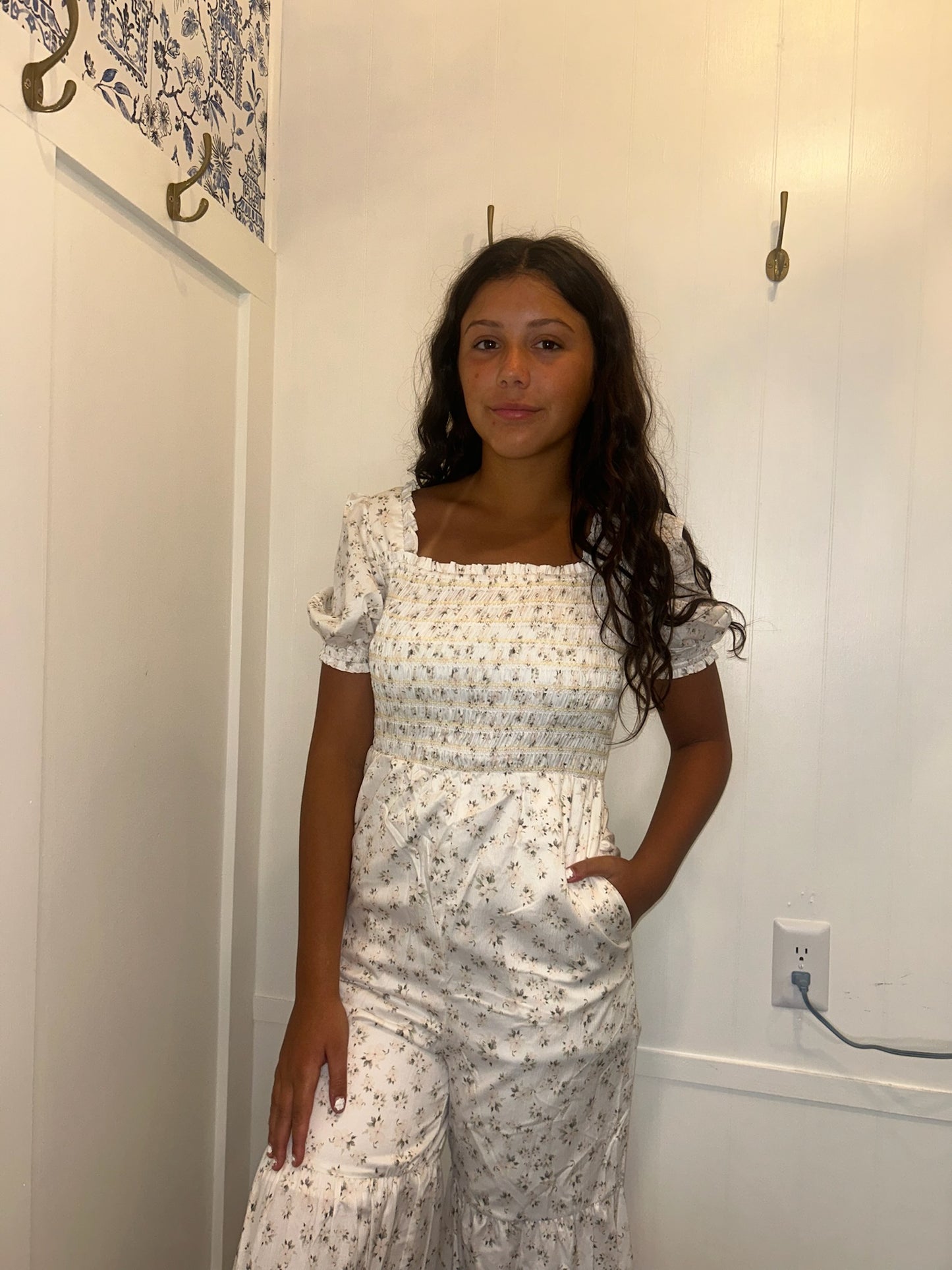 Boho Floral Smocked Wide Leg Short Puff Sleeve Jumpsuit
