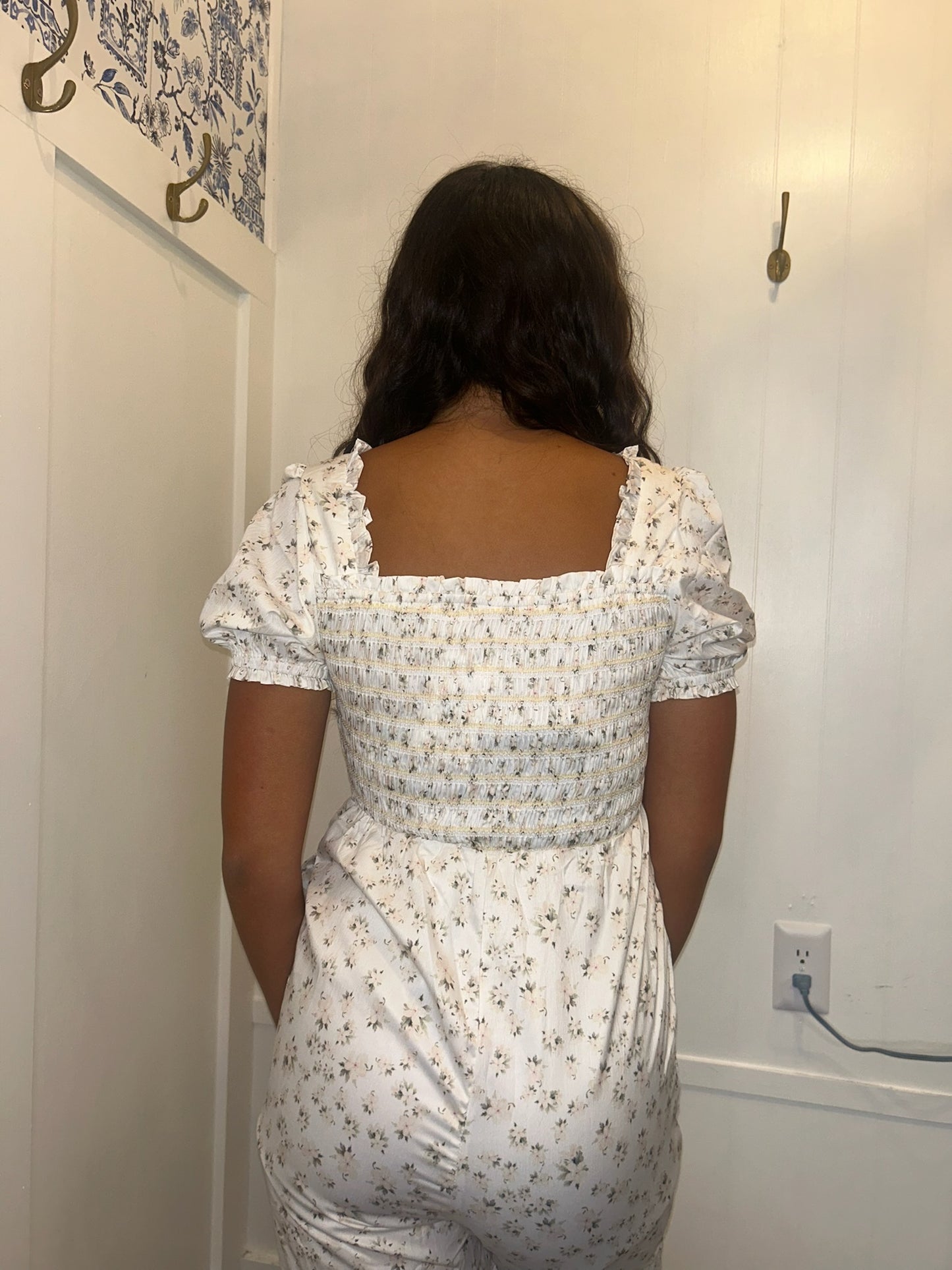 Boho Floral Smocked Wide Leg Short Puff Sleeve Jumpsuit
