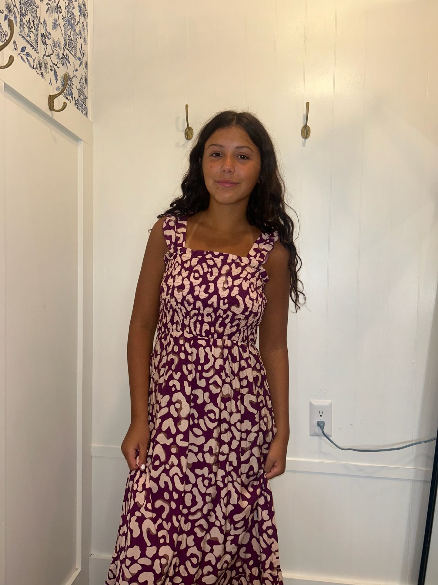 Leopard Ruffle Straps Smocked High Waist Long Dress