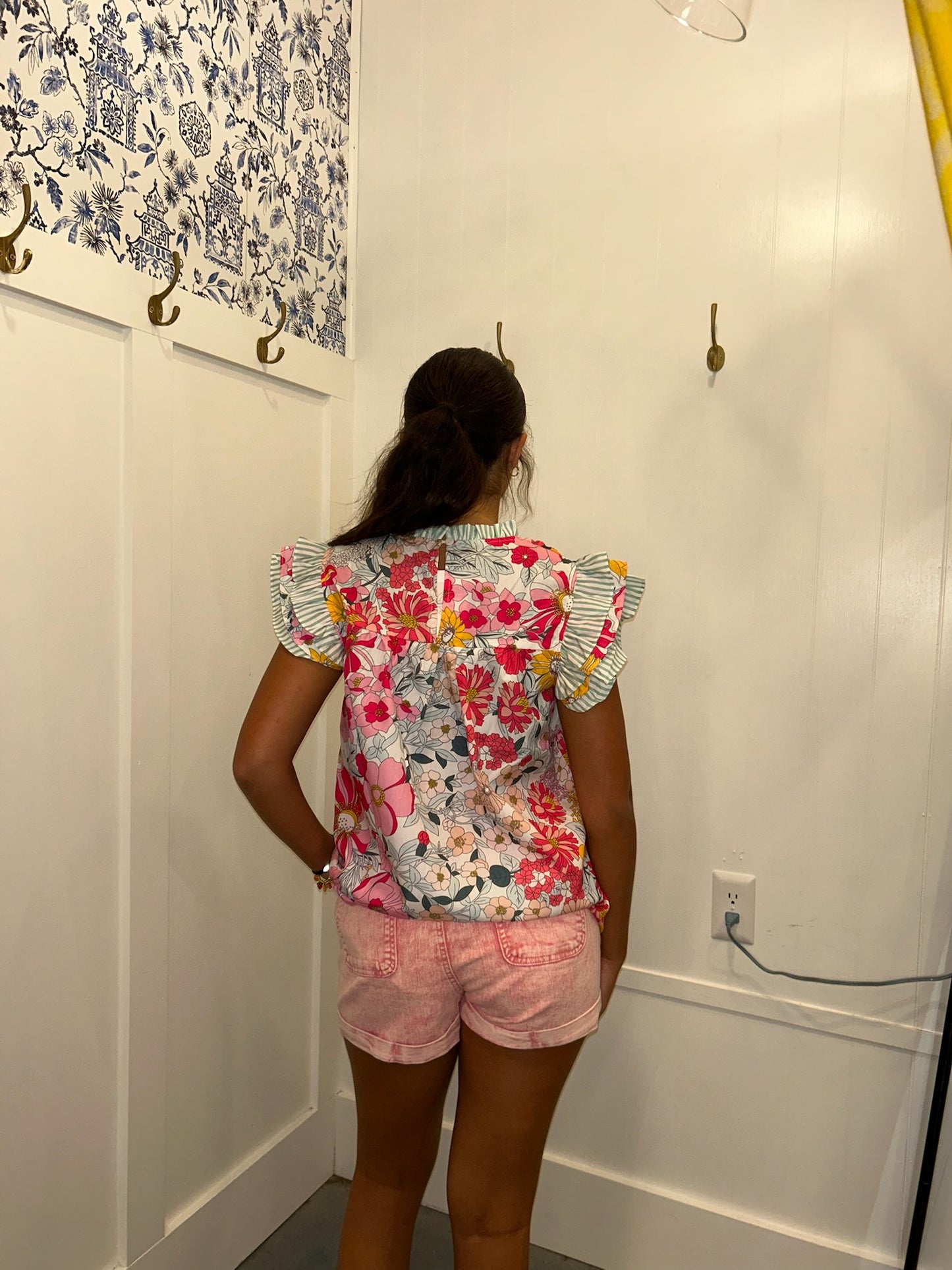 Floral Print Contrast Ruffle Trim Short Sleeve Blouse