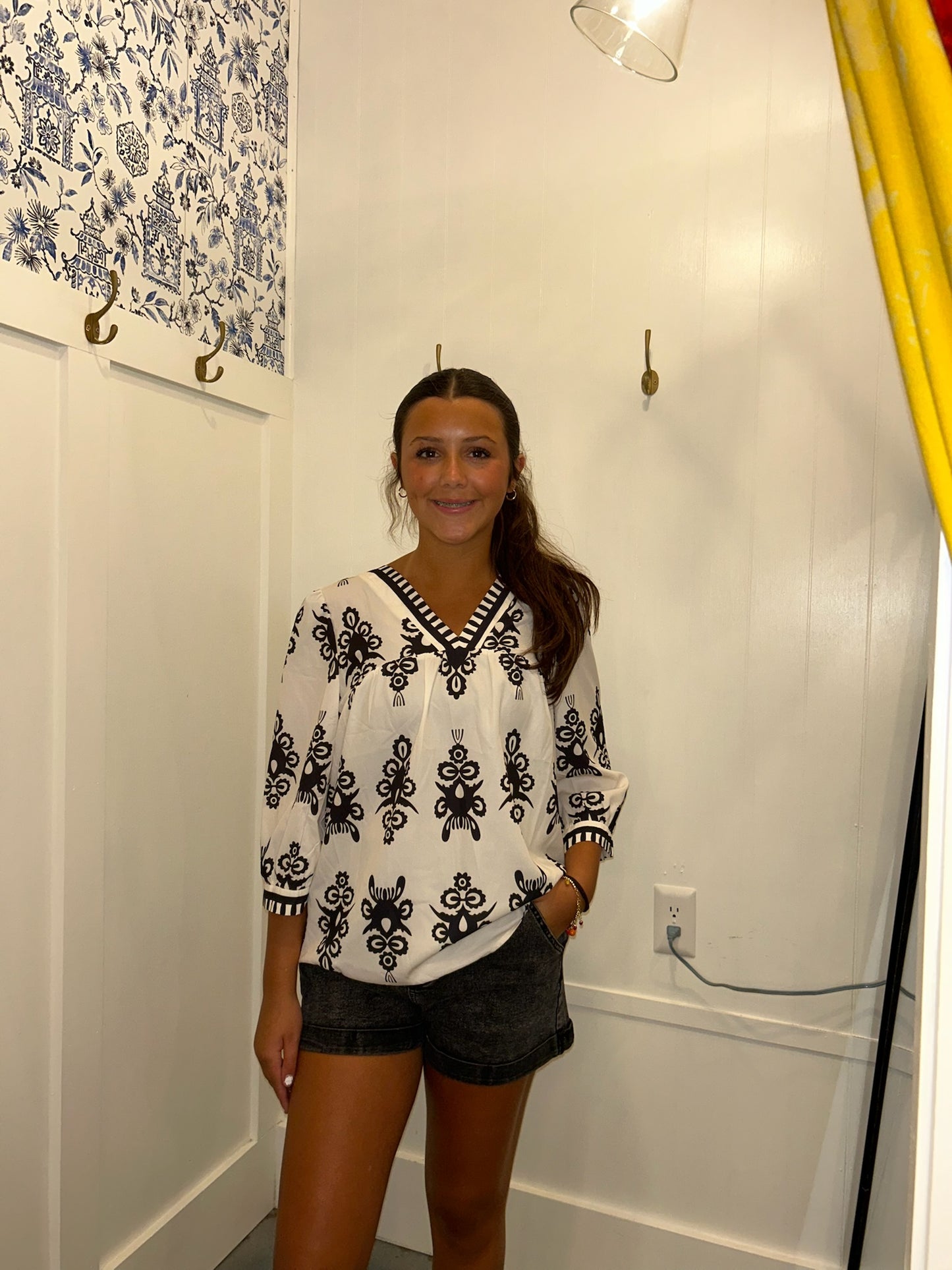 Vintage Geometric Printed 3/4 Sleeve V Neck Blouse