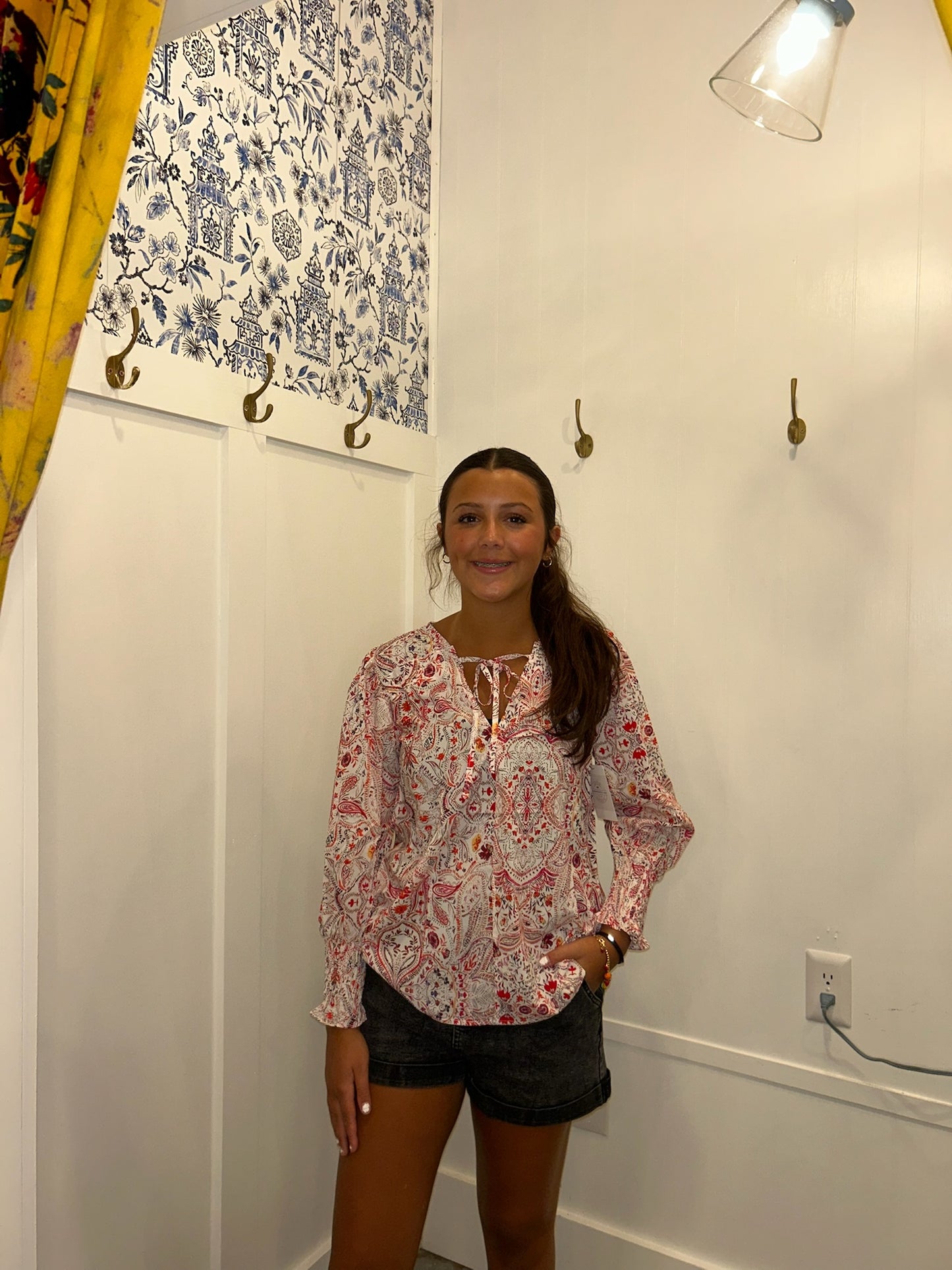 Vintage Boho Print Shirred Cuffs Blouse