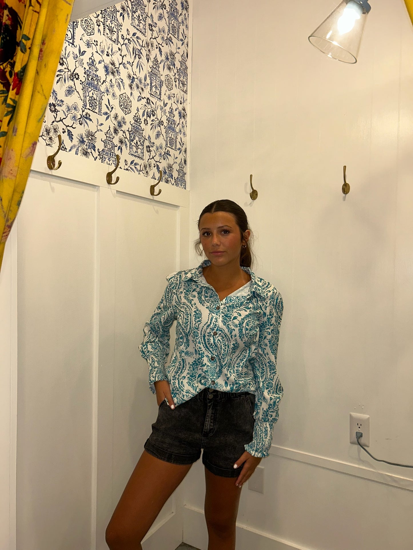 Paisley Print Smocked Cuff Buttoned Loose Shirt