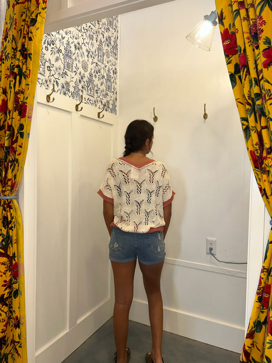 Embroidered Flowers Colorblock Edge Hollowed Sweater