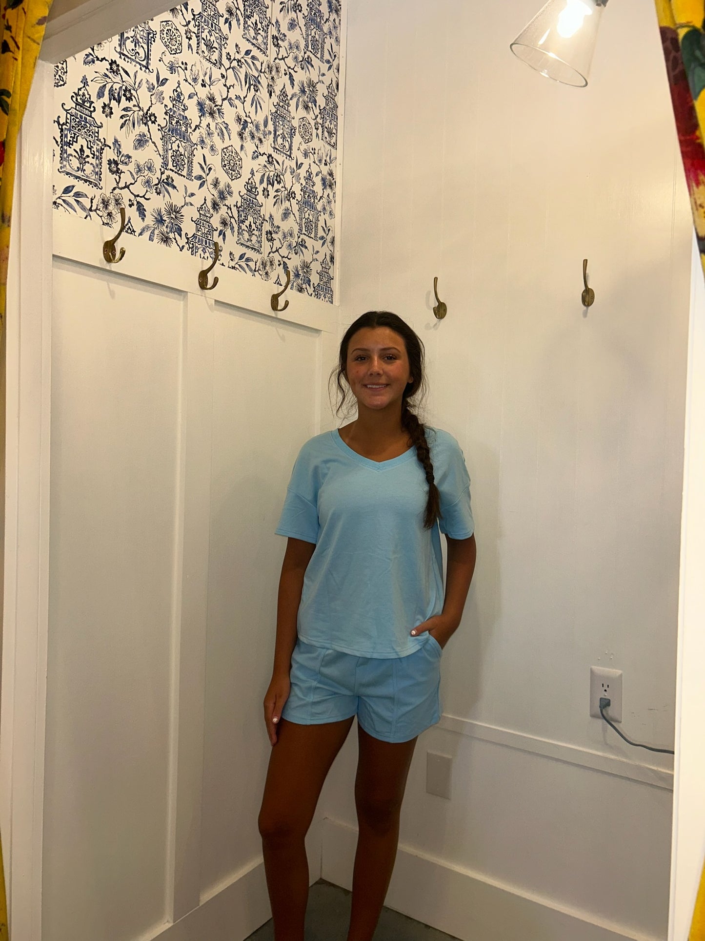 V Neck Drop Shoulder Tee and Patchwork Drawstring Shorts Set (Sold as Separates)