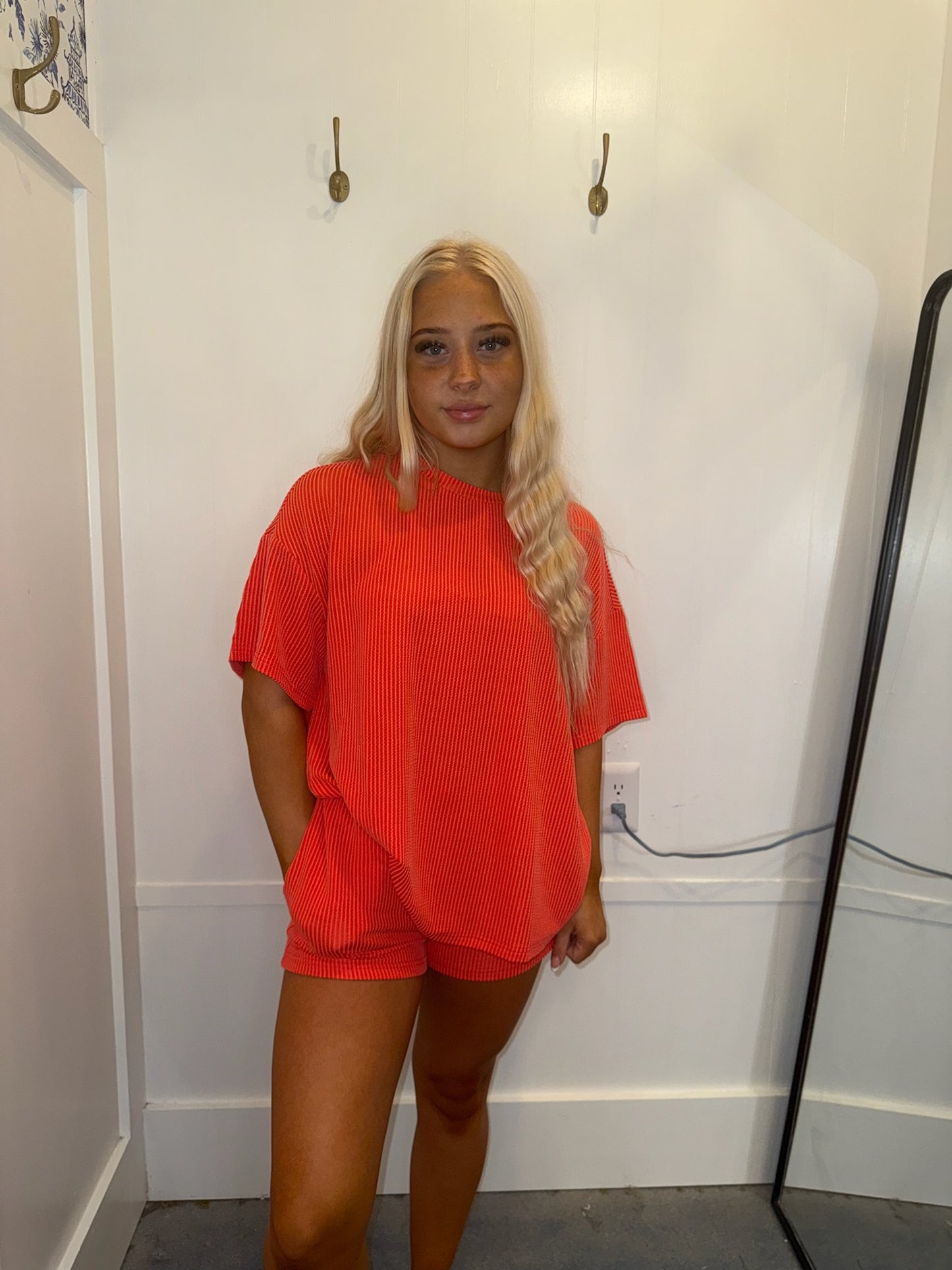 Ribbed Textured Knit Loose Fit Tee and Shorts Set (Sold as Separates)