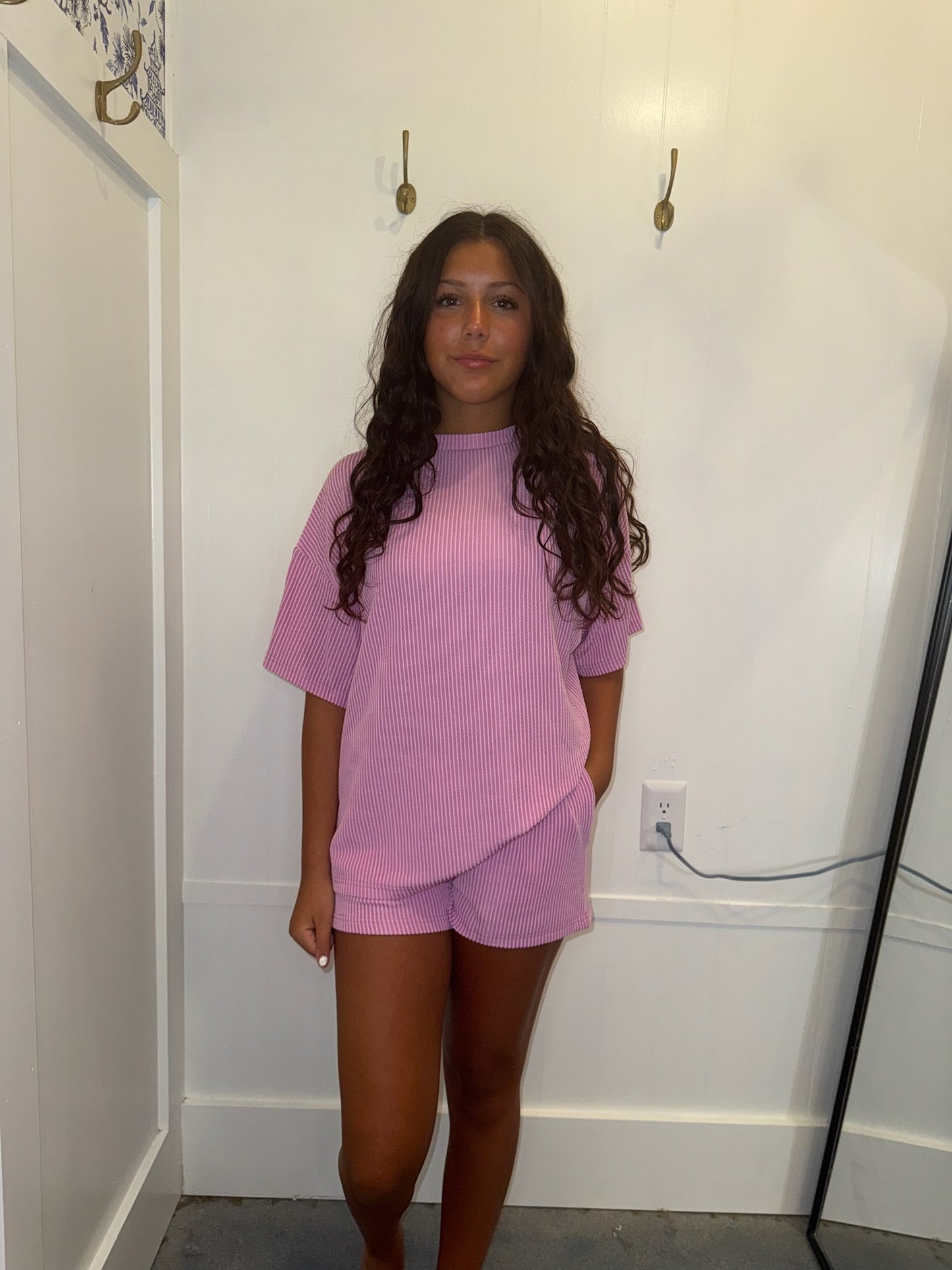 Ribbed Textured Knit Loose Fit Tee and Shorts Set (Sold as Separates)