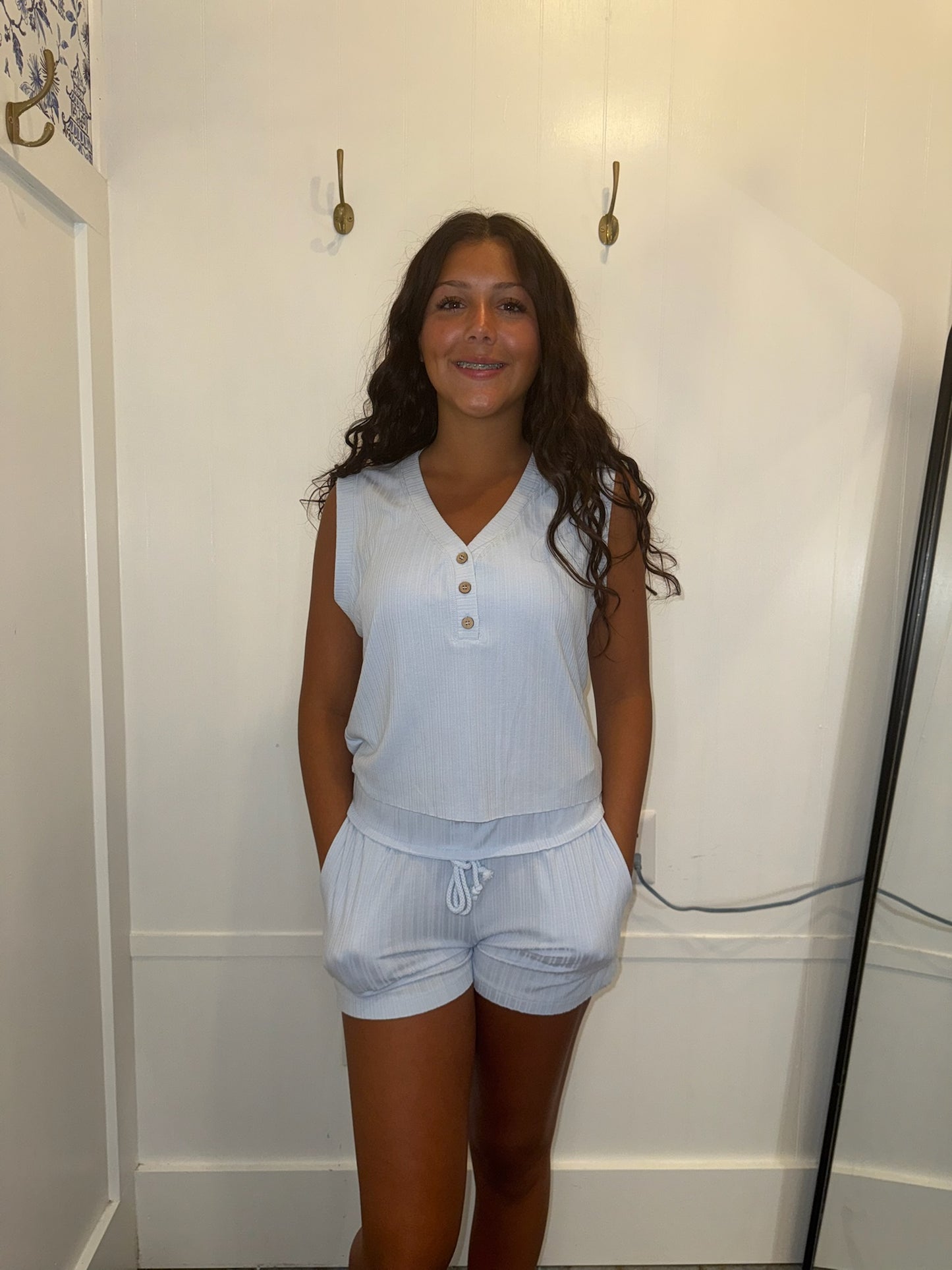 Ribbed Button V Neck Tank Top and Shorts Set (Sold as Separates)