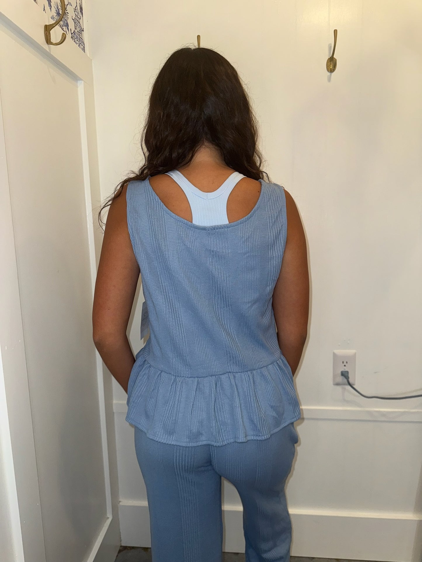 Solid Color Ribbed Ruffle Tank Top and Pants Set (Sold as Separates)