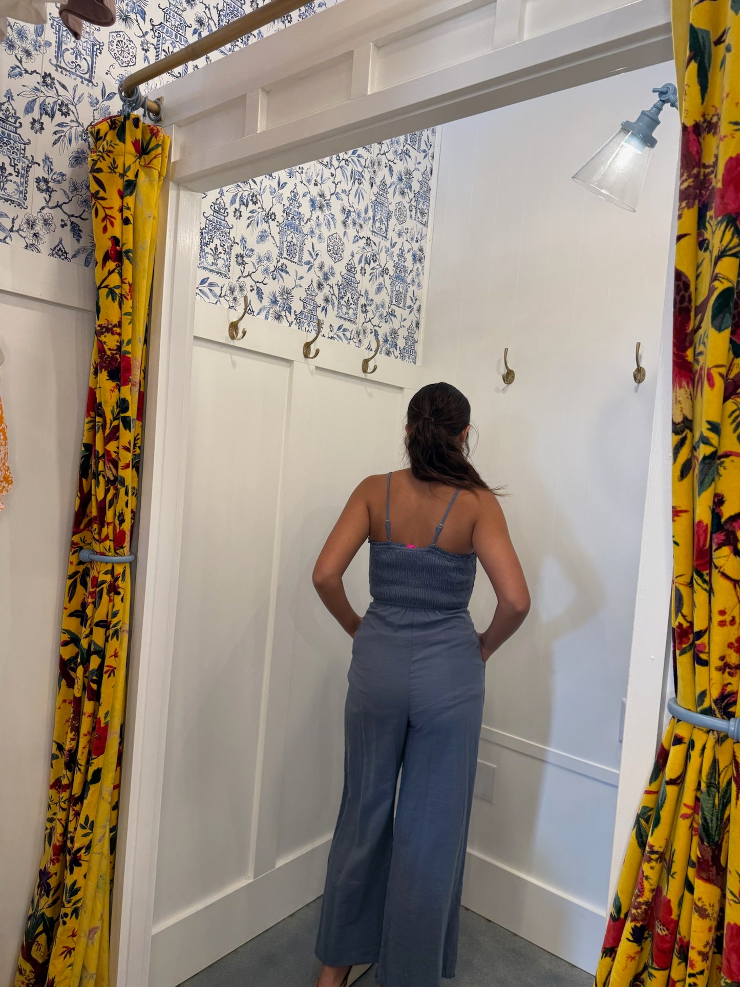Smocked Spaghetti Straps Tied Back Wide Leg Jumpsuit