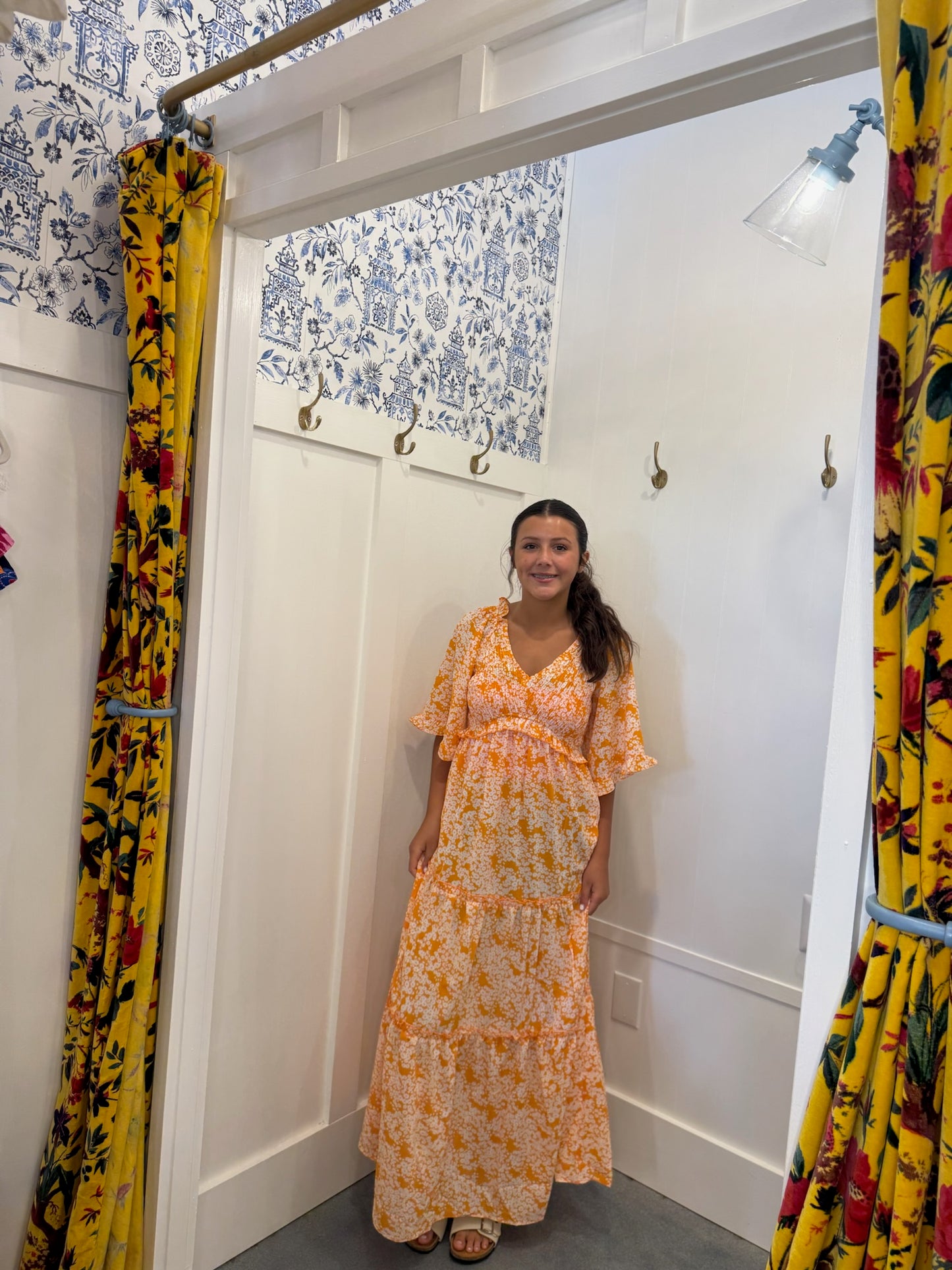 Floral Print Smocked V Neck Wide Sleeve Maxi Dress
