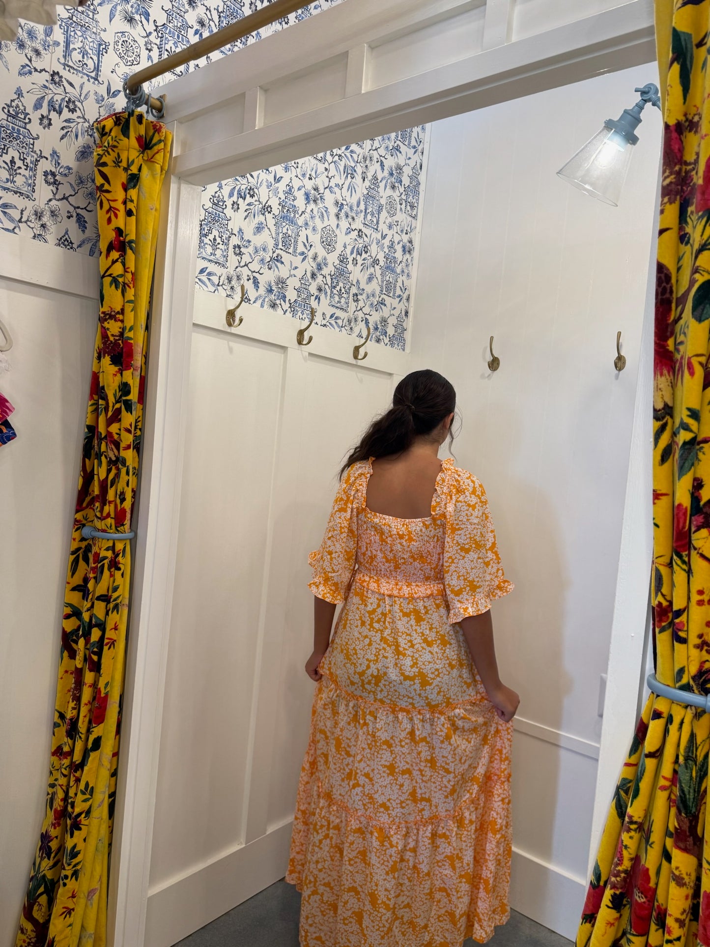 Floral Print Smocked V Neck Wide Sleeve Maxi Dress