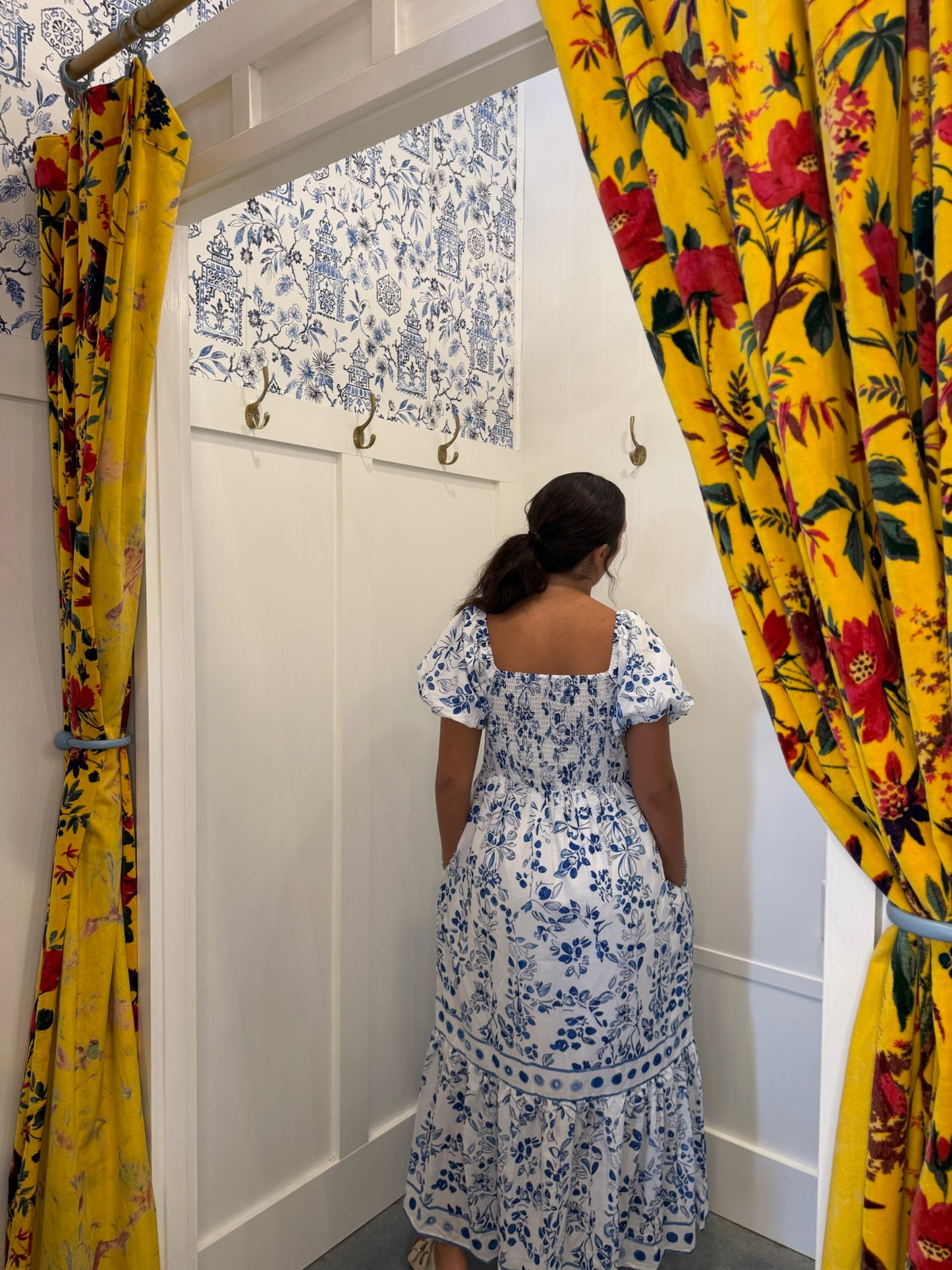 Floral Print Square Neck Bubble Sleeve High Waist Maxi Dress