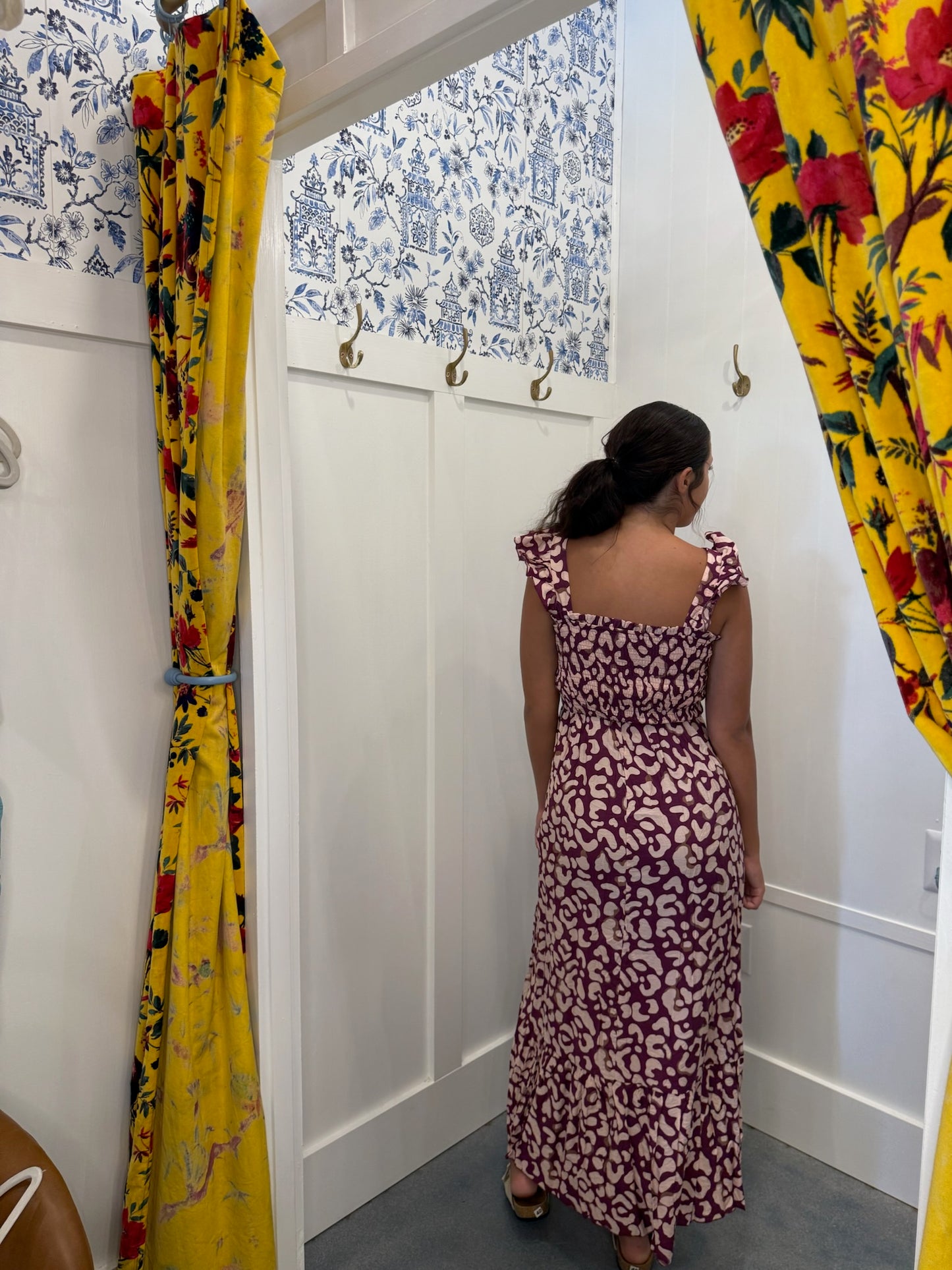 Leopard Ruffle Straps Smocked High Waist Long Dress