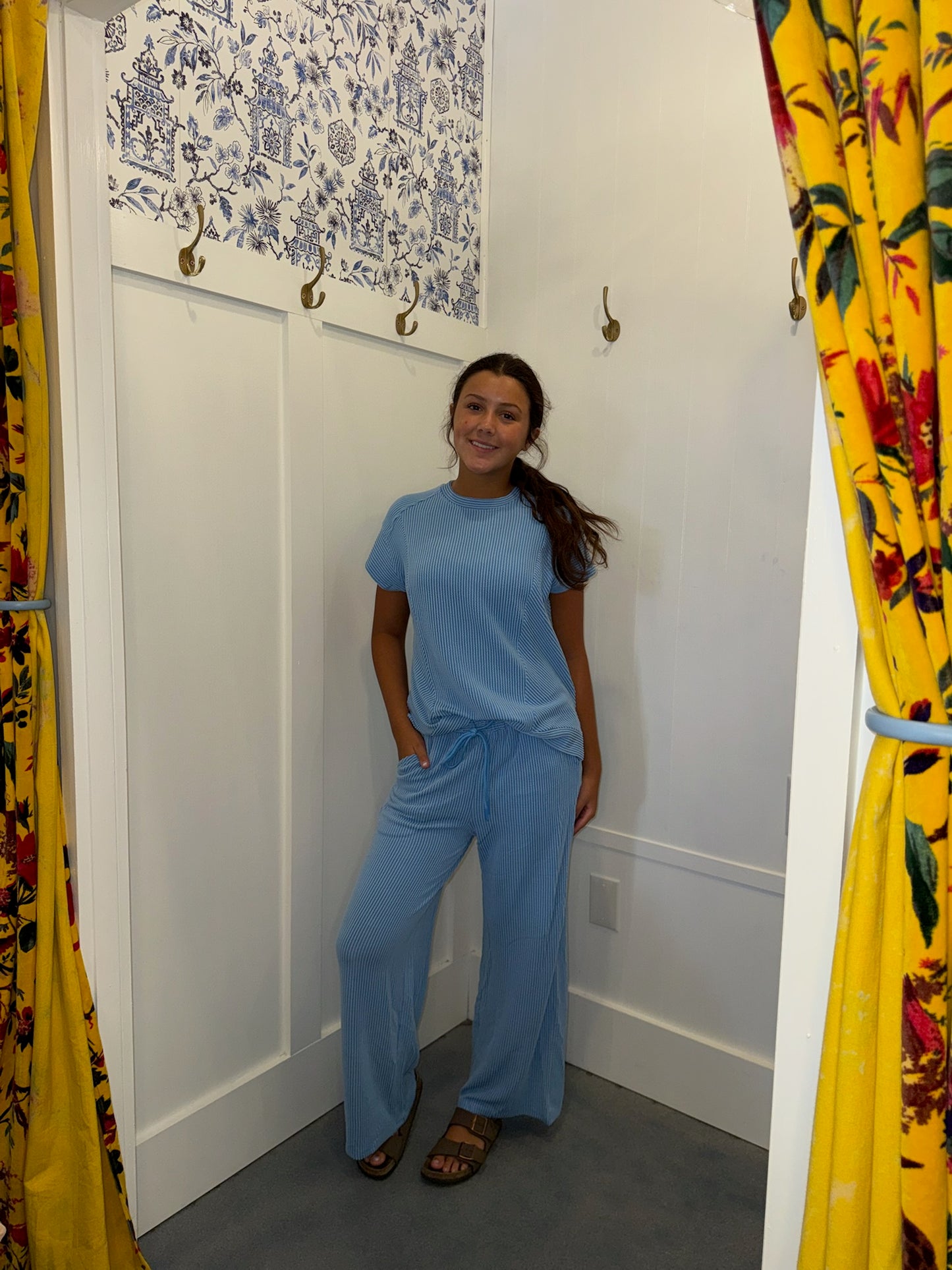 Solid Corded Knit Short Sleeve T Shirt and Wide Leg Pants Set (Sold as Separates)