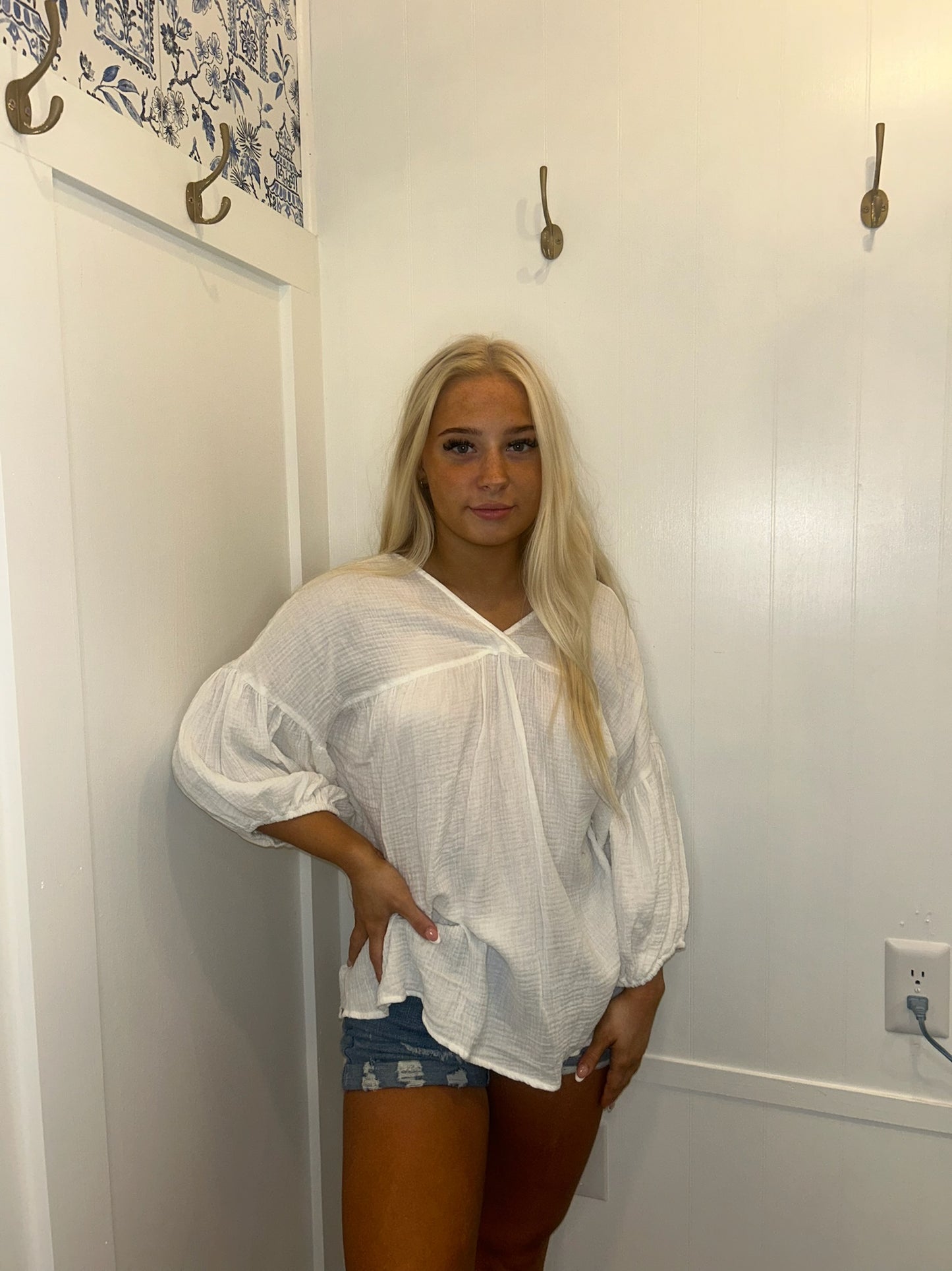 Textured V Neck Bracelet Sleeve Babydoll Blouse