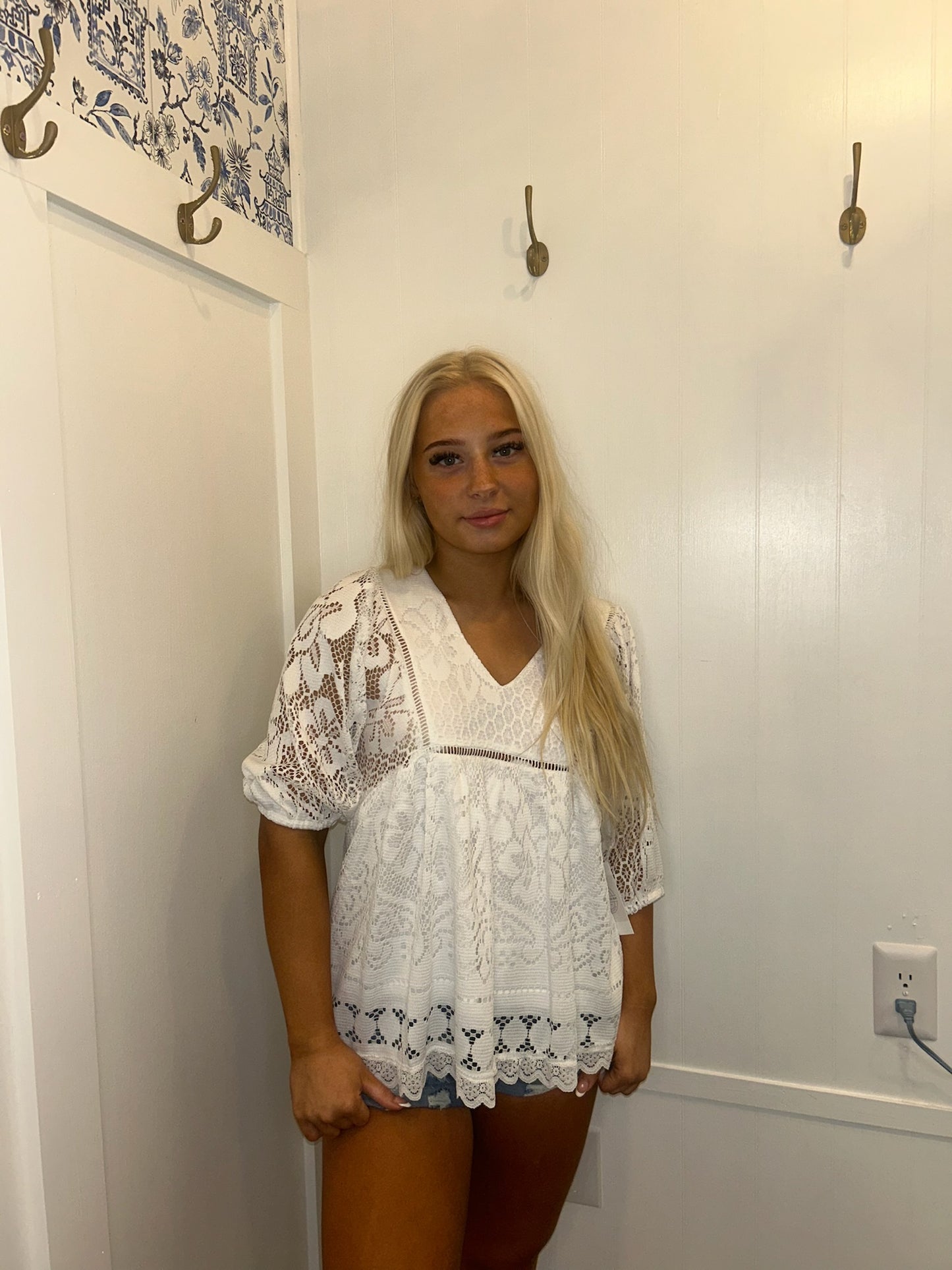 Lace Crochet Hollowed Scallop Hem V Neck Blouse