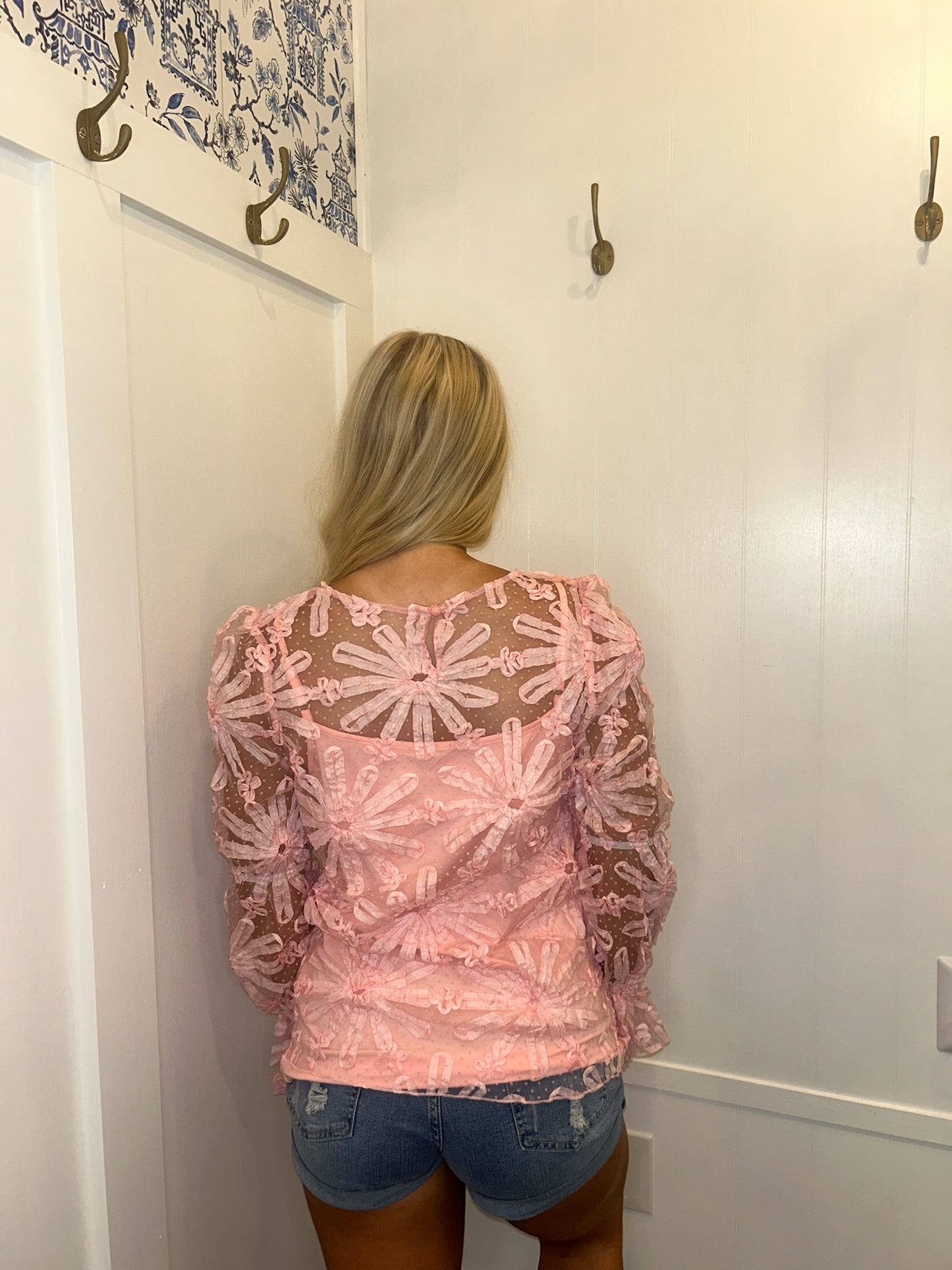 Flower Dotted Ruffled Sleeve Mesh Top