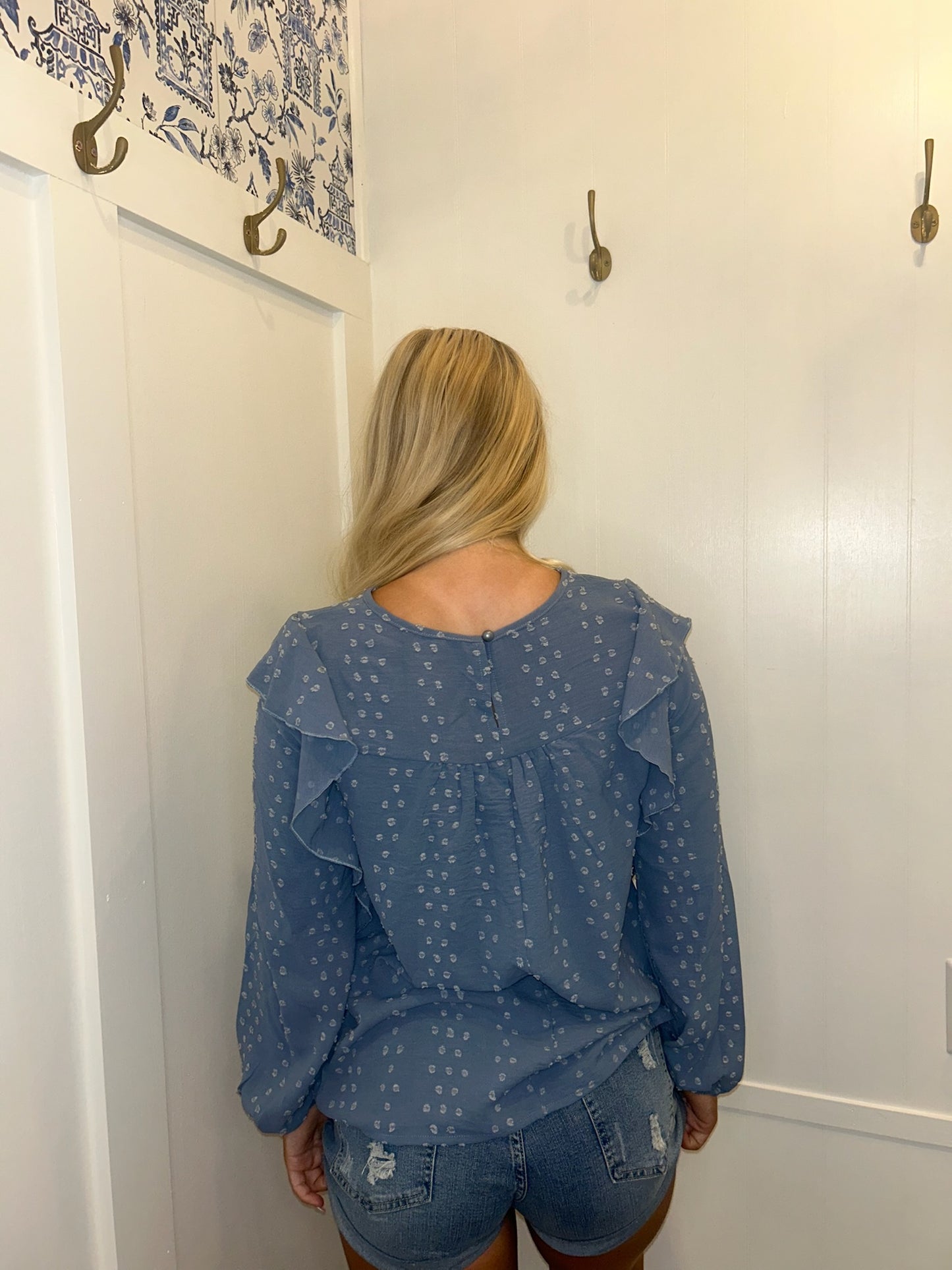 Lace Eyelet Ruffle Shoulder Long Sleeve Blouse