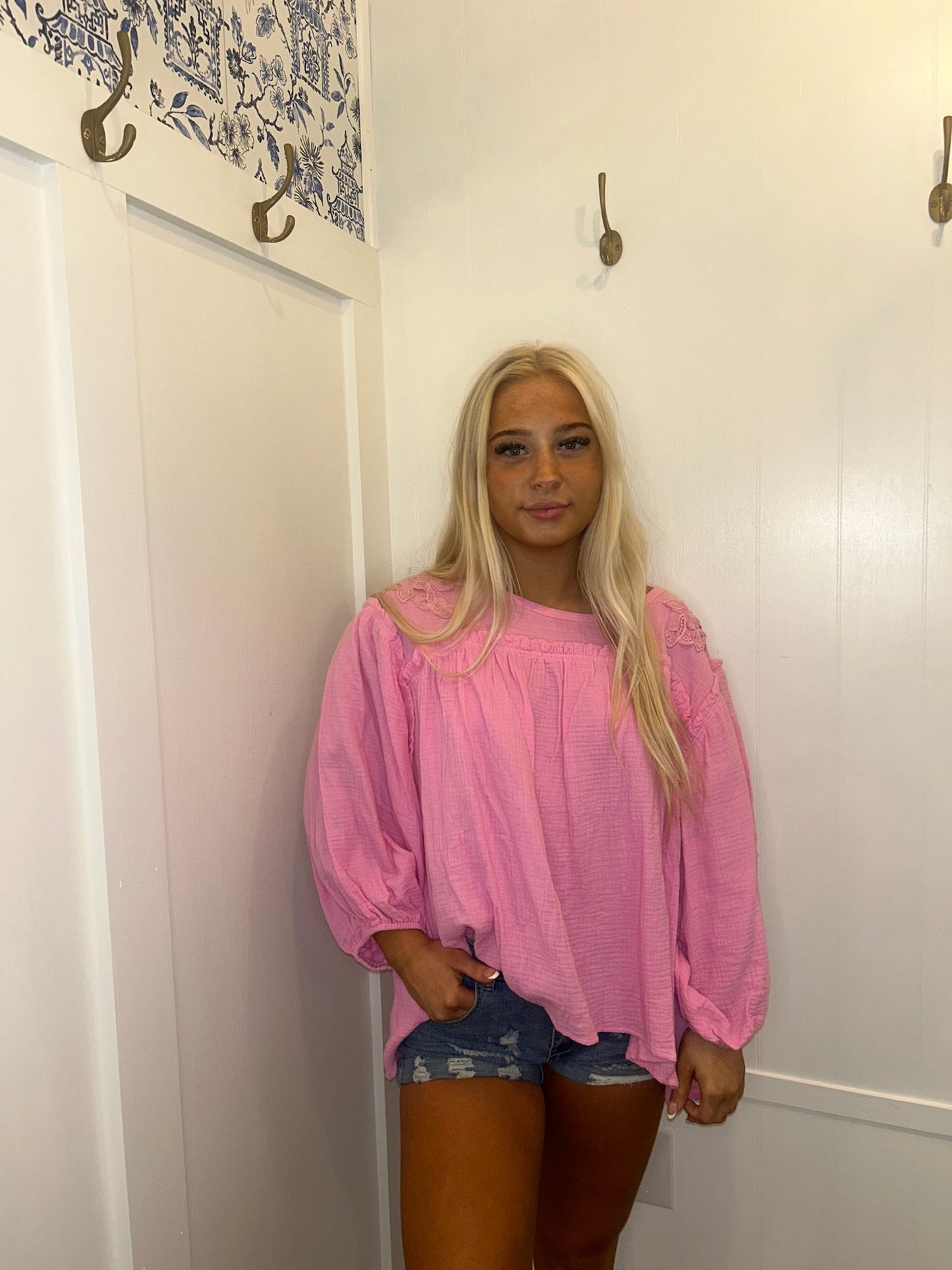 Lace Accent Bracelet Sleeve Babydoll Blouse