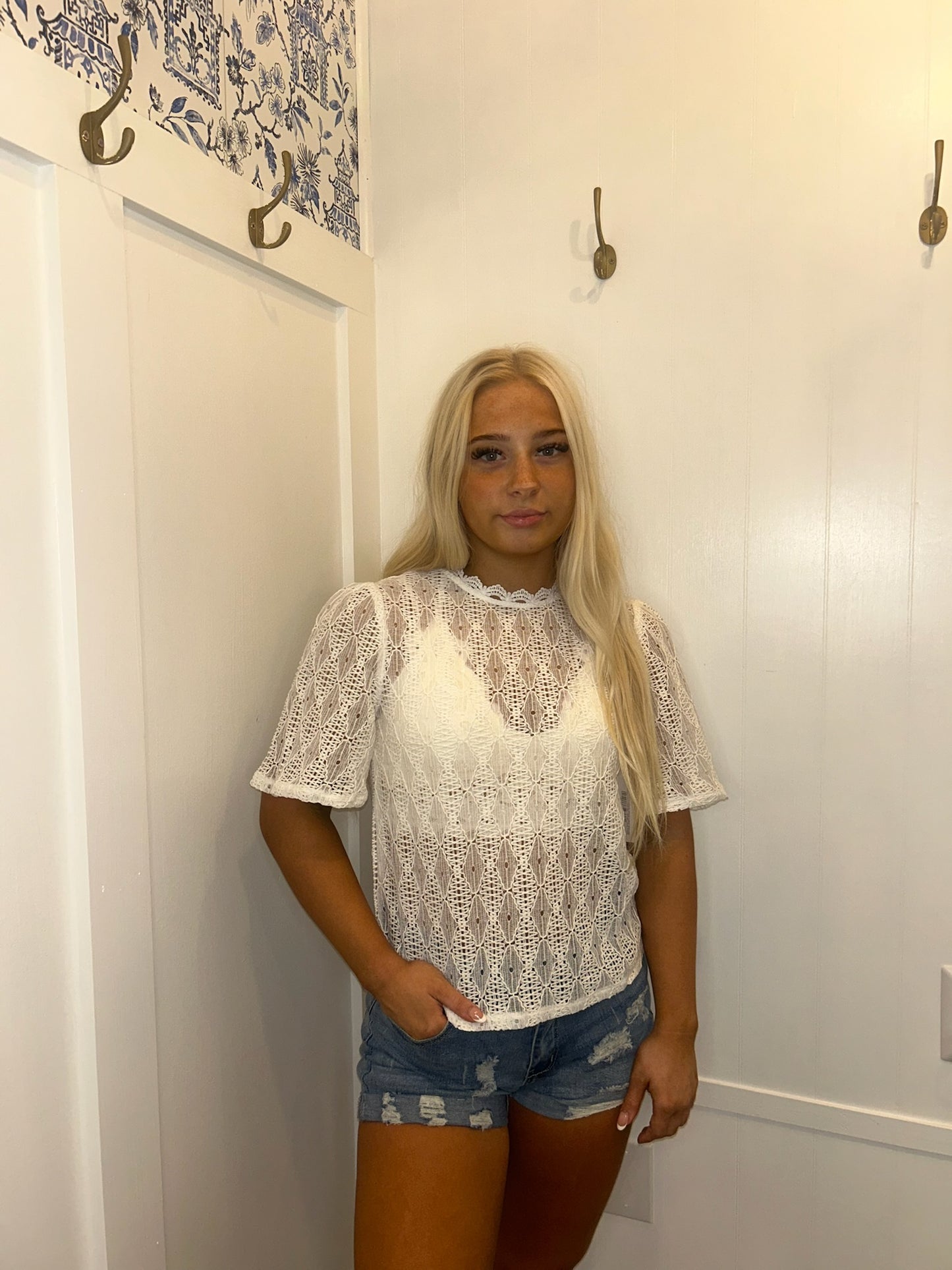 Short Sleeve Keyhole Back Lace Blouse