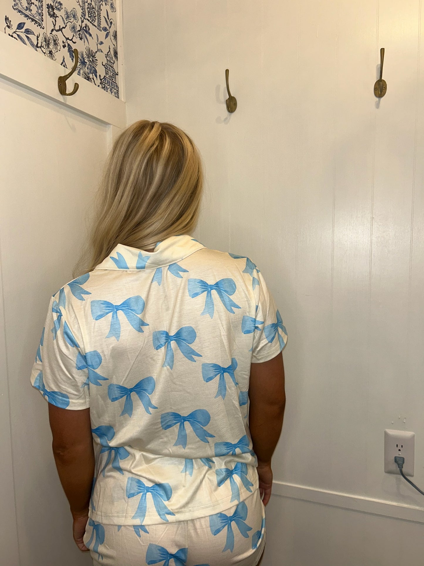 Bow Printed Short Sleeve Shirt Shorts Pajama Set
