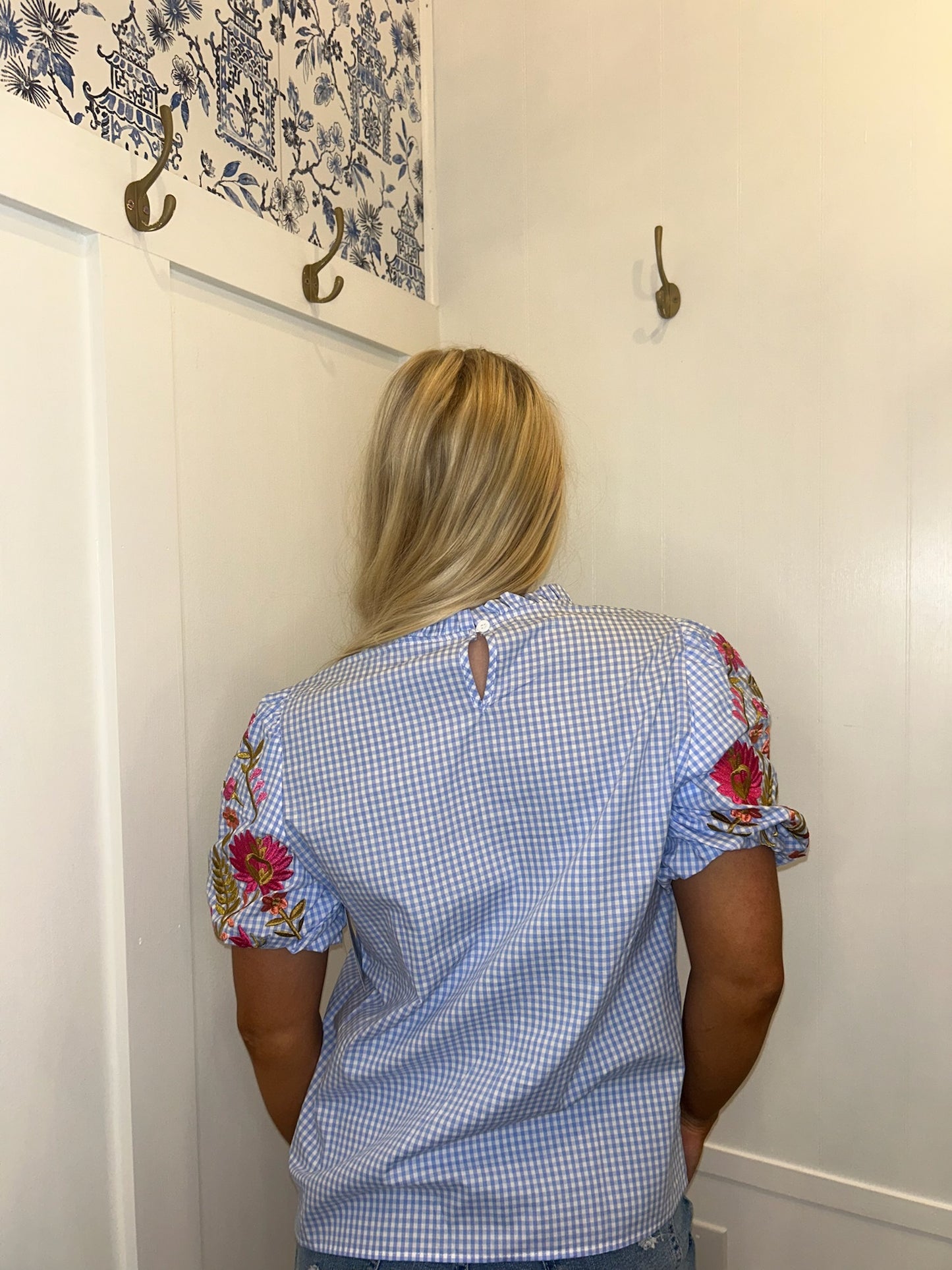 Gingham Floral Embroidered Puff Sleeve Blouse