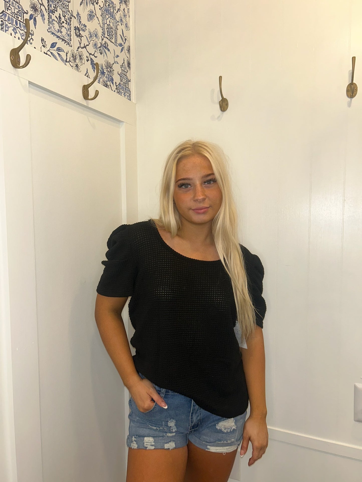 Waffle Knit Ruched Puff Sleeve Top