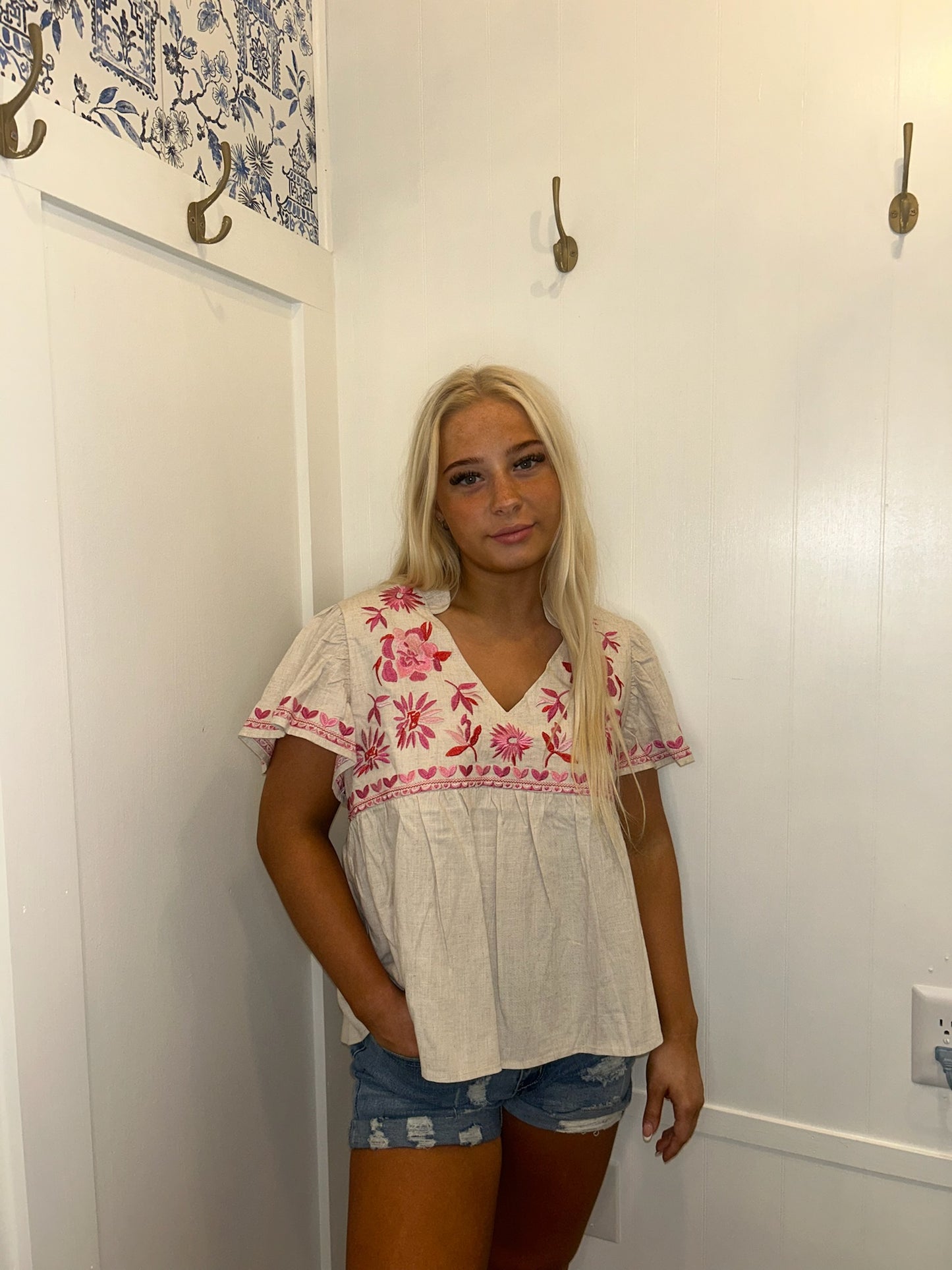 Floral Embroidered Short Sleeve Notched V Neck Blouse