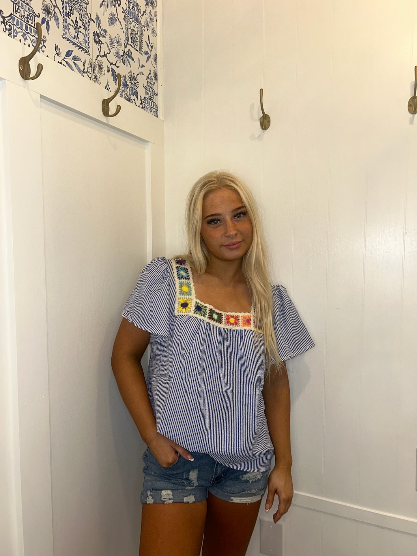 Textured Ruffle Short Sleeve Boho Detail Square Neck Blouse