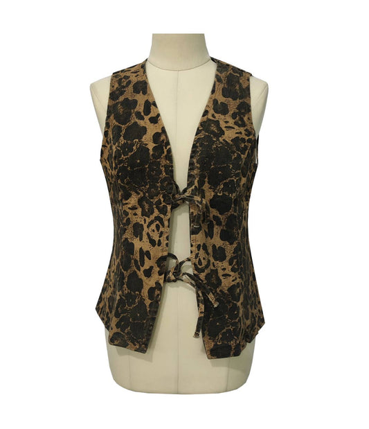 Basic Leopard Print Lace-Up Denim Vest