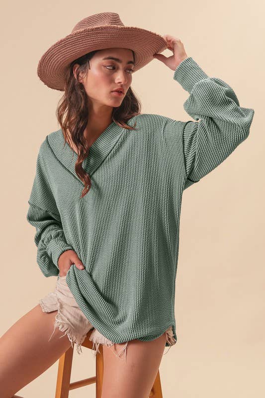 2tone Cord Rib Contrast Stitching V Neck Top