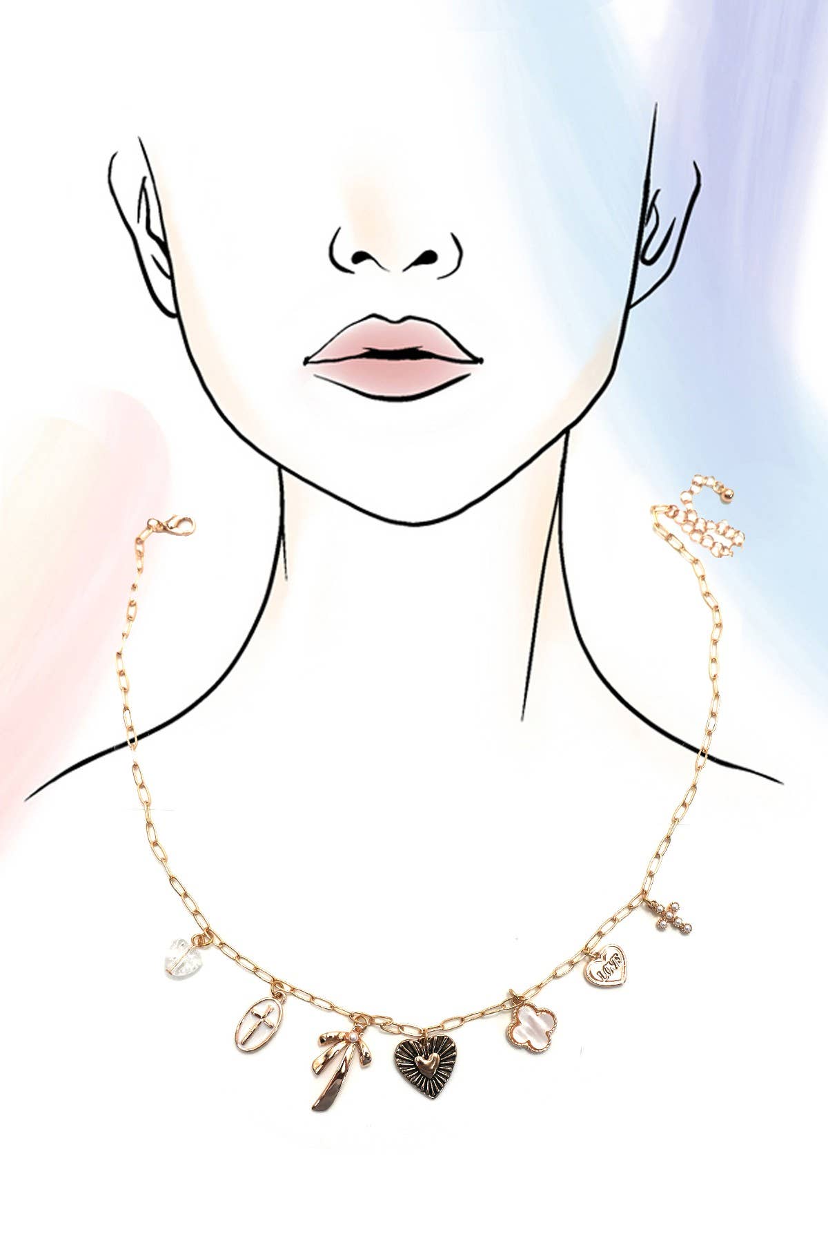 CHARM NECKLACE-CLOVER BOW CROSS HEART