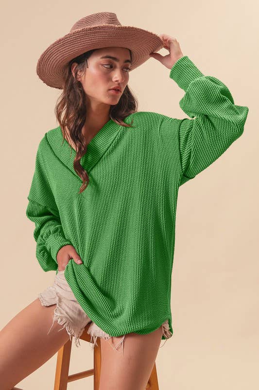 2tone Cord Rib Contrast Stitching V Neck Top