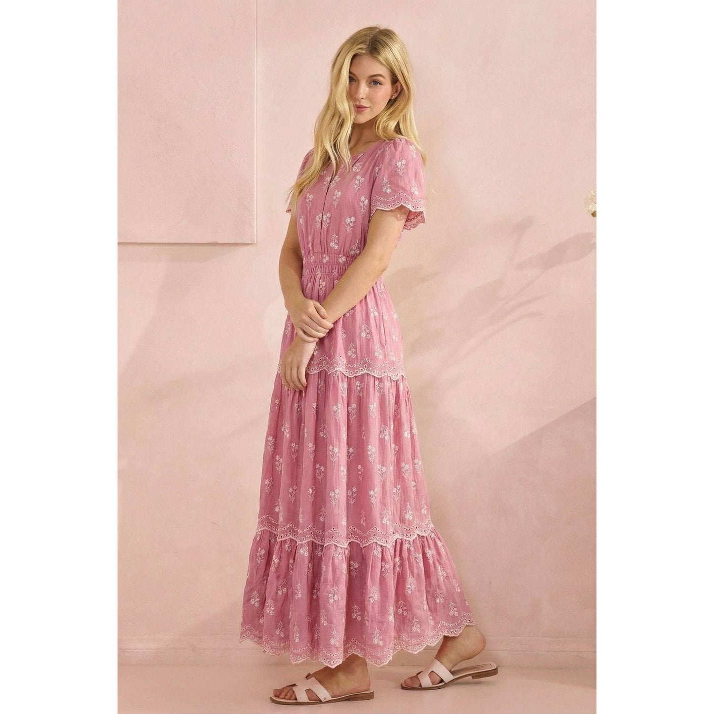 MAXI DRESS WITH WHITE FLORAL EMBROIDERY, SMOCKED WAIST